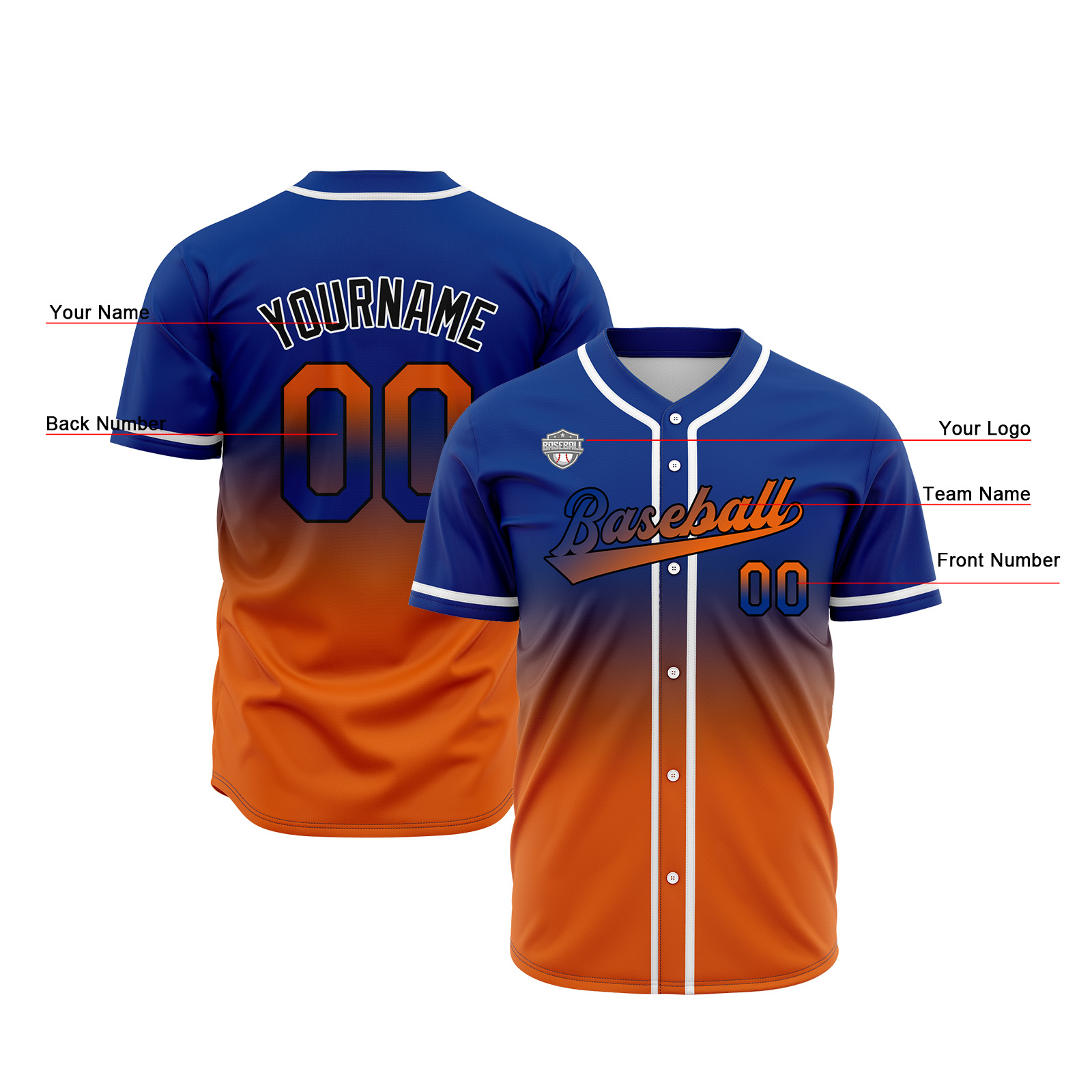 Custom Royal&Orange Gradient Baseball Jerseys Personalized Name Number Logo