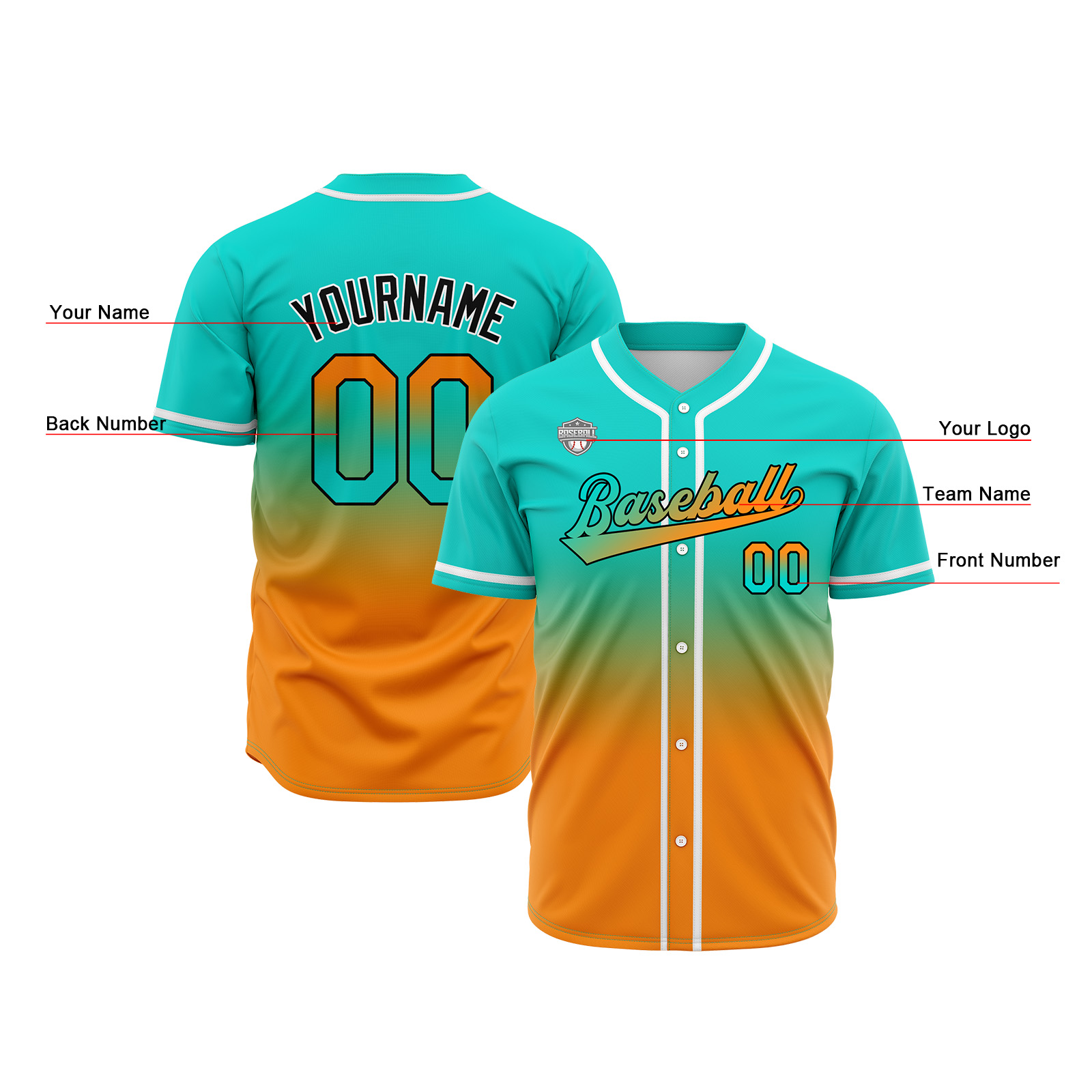 Custom Teal&Orange Gradient Baseball Jerseys Personalized Name Number Logo
