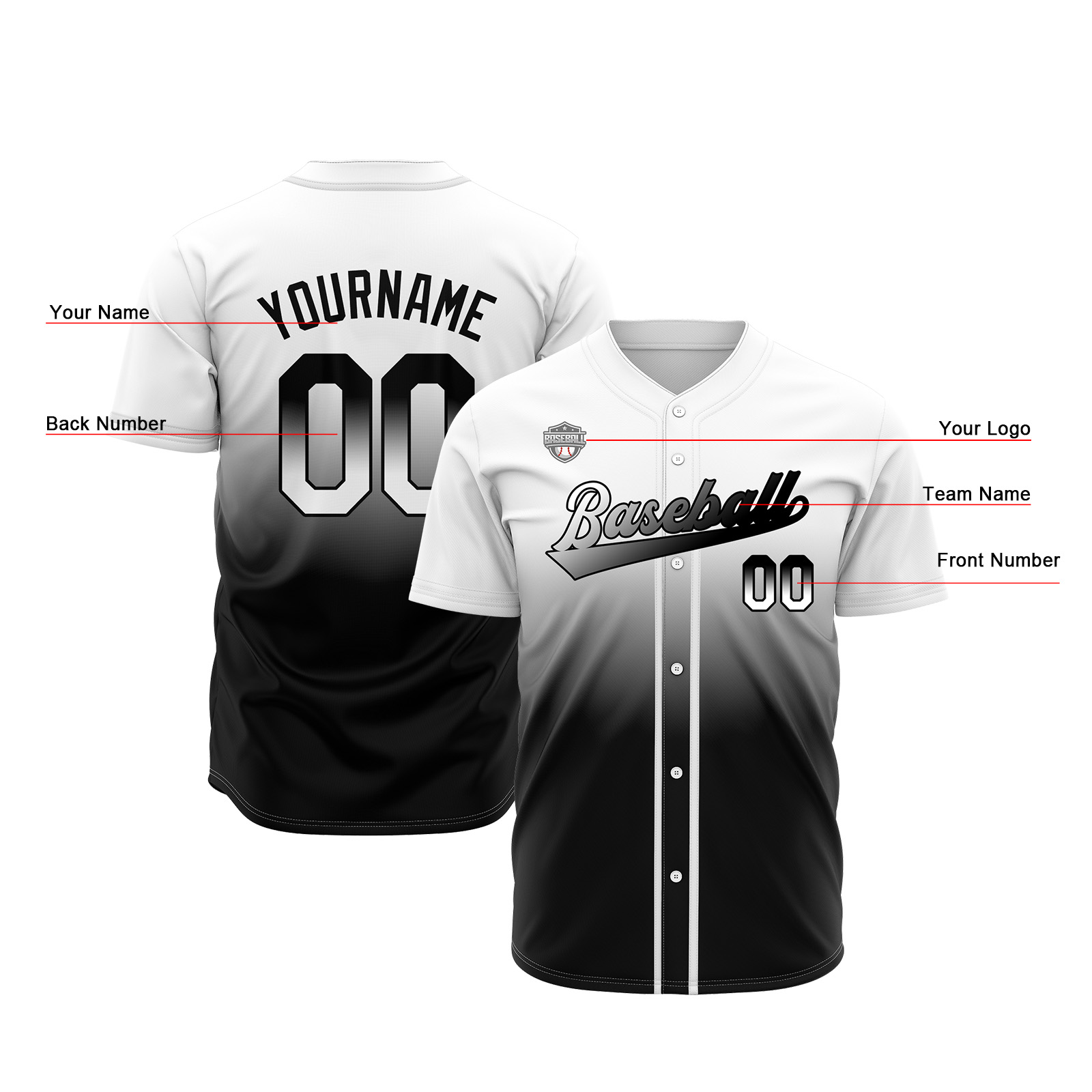 Custom White&Black Gradient Baseball Jerseys Personalized Name Number Logo
