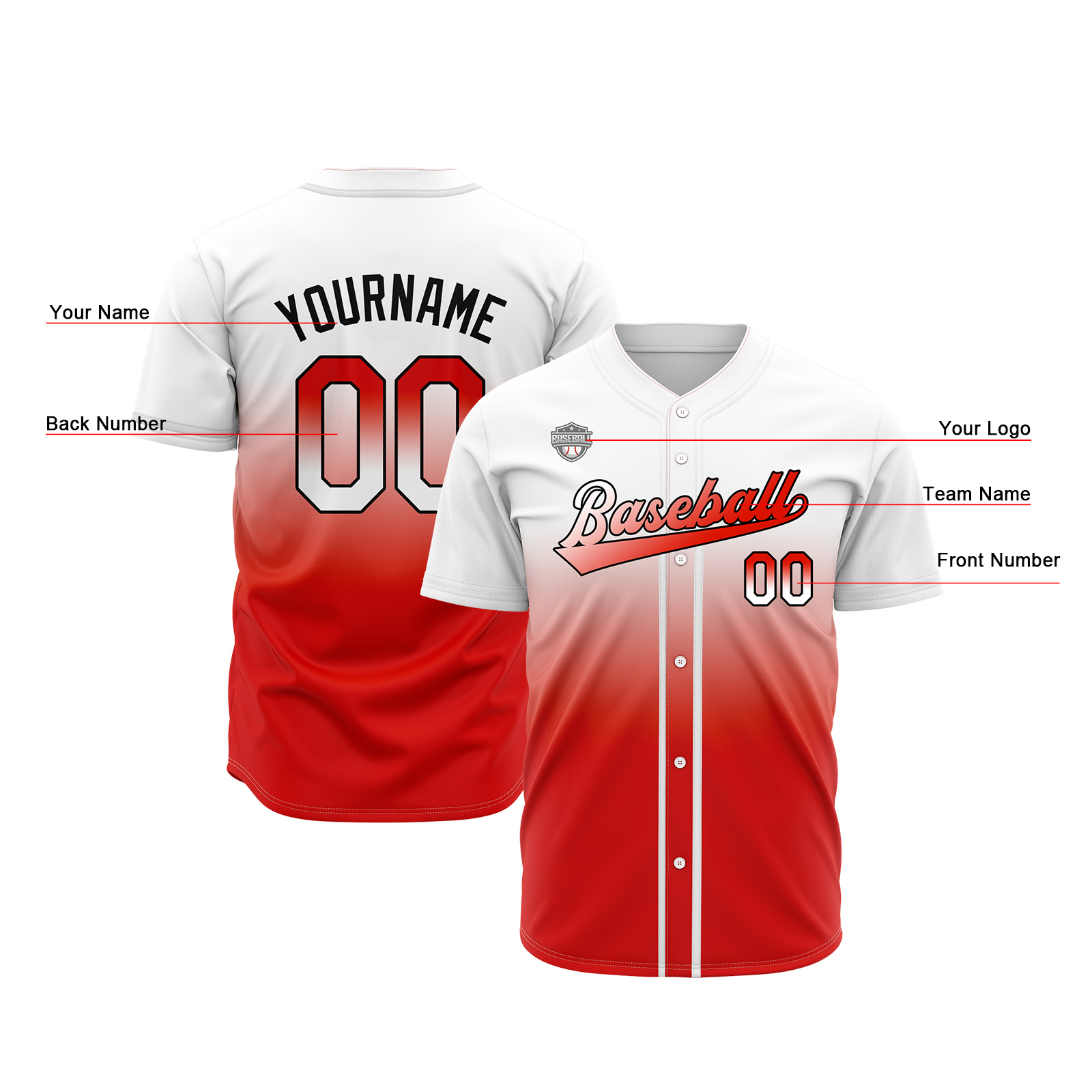 Custom White&Red Gradient Baseball Jerseys Personalized Name Number Logo