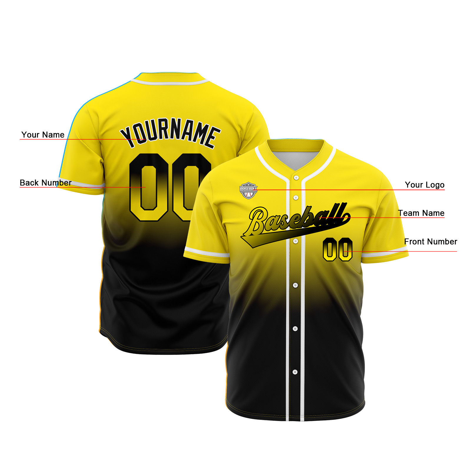 Custom Yellow&Black Gradient Baseball Jerseys Personalized Name Number Logo