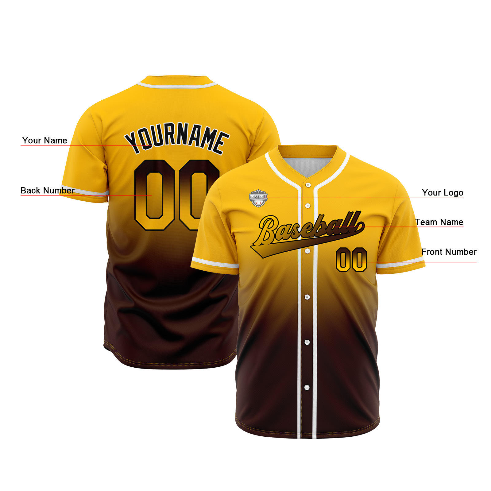 Custom Yellow&Brown Gradient Baseball Jerseys Personalized Name Number Logo