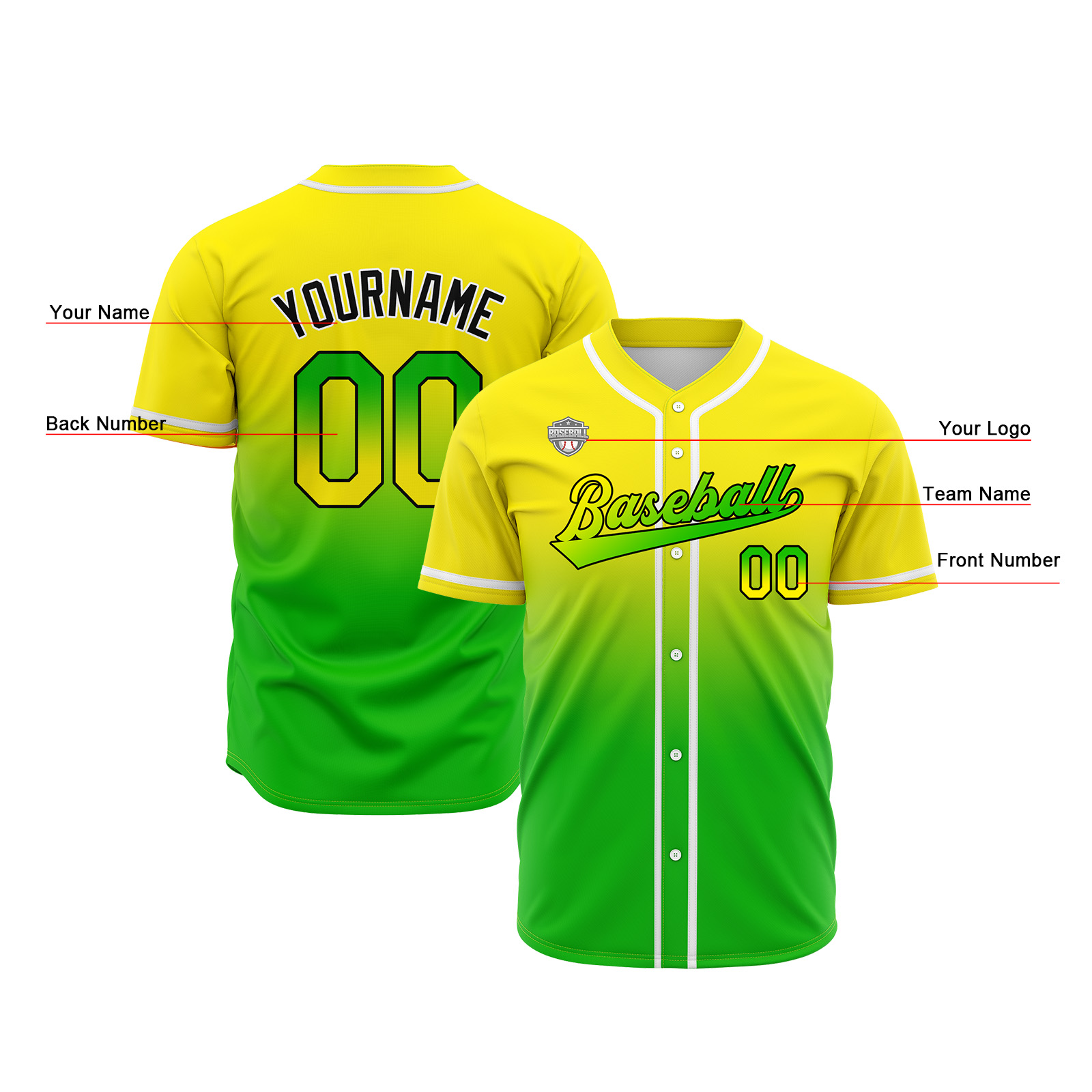 Custom Yellow&Green Gradient Baseball Jerseys Personalized Name Number Logo