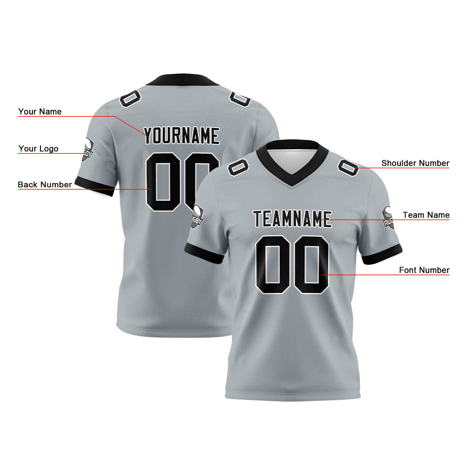 Custom Grey Black Football Jersey Personalized Football Shirts for Men Printed Team Name Number Logo