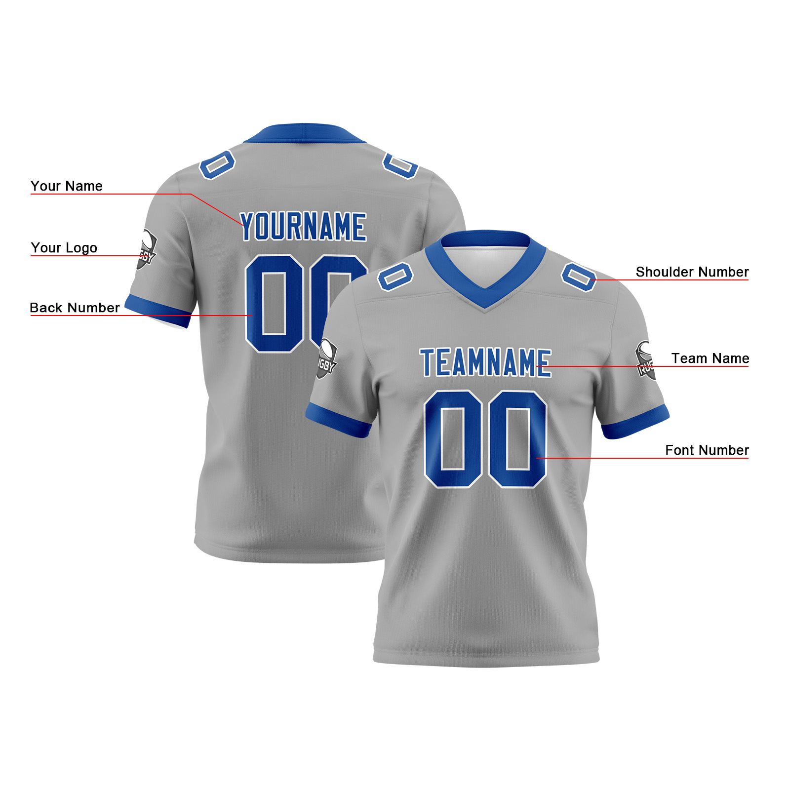 Custom Grey Blue Football Jersey Personalized Football Shirts for Men Printed Team Name Number Logo
