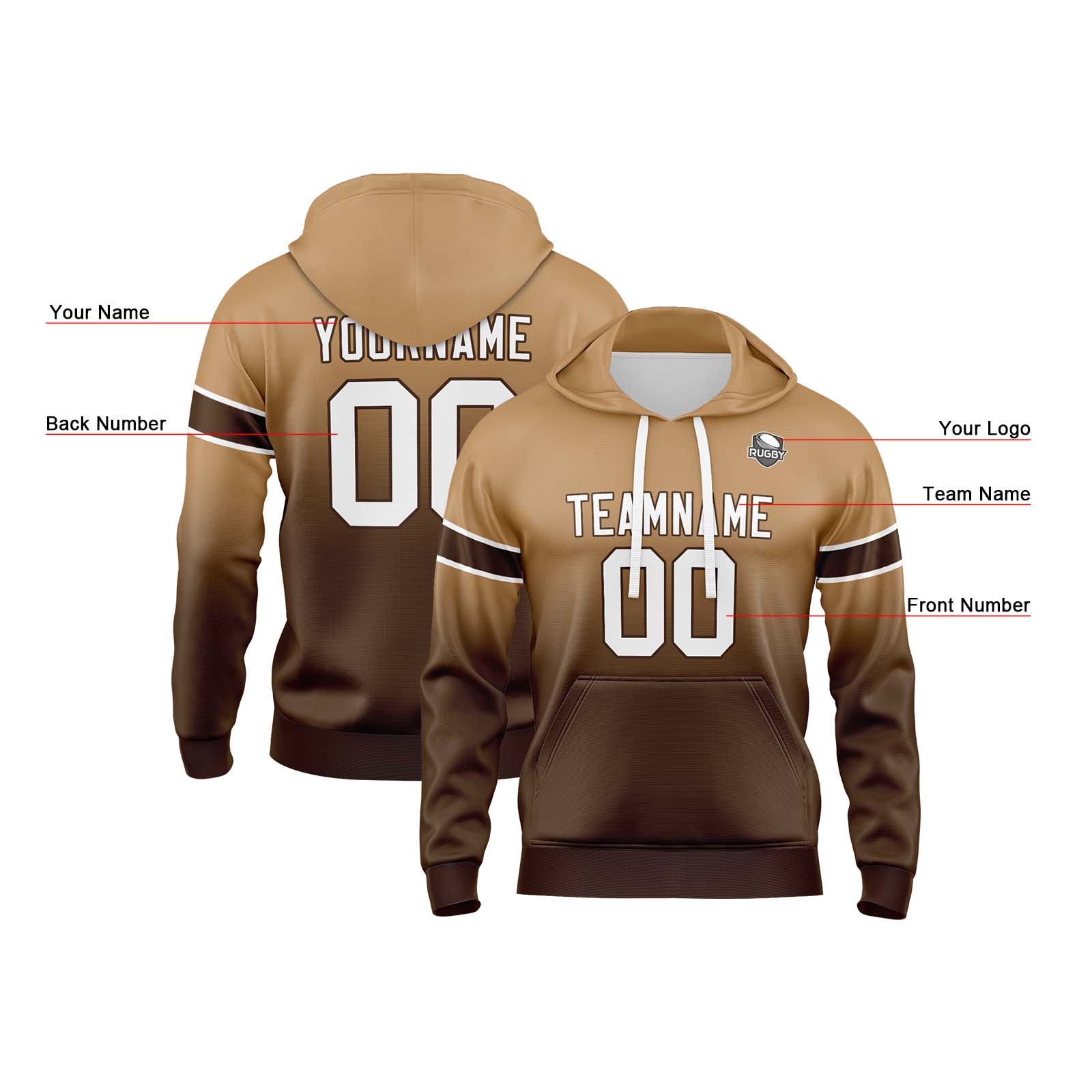 Custom Brown Gradient Hoodie for Women Men and Youths Personalized Pullover Football Sweatshirt