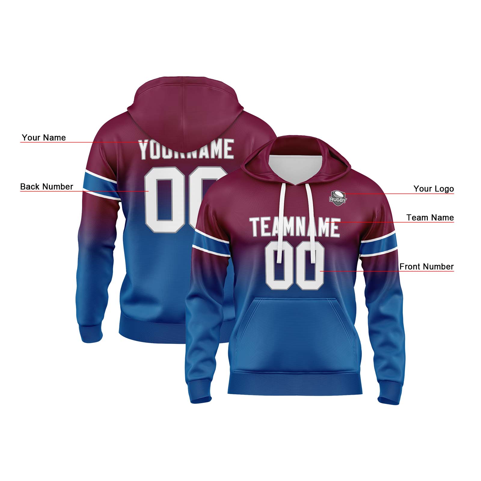Custom Burgundy Blue Gradient Hoodie for Women Men and Youths Personalized Pullover Football Sweatshirt