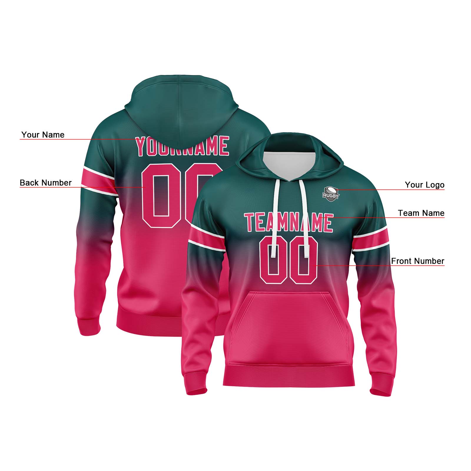 Custom Dark Green Pink Gradient Hoodie for Women Men and Youths Personalized Pullover Football Sweatshirt
