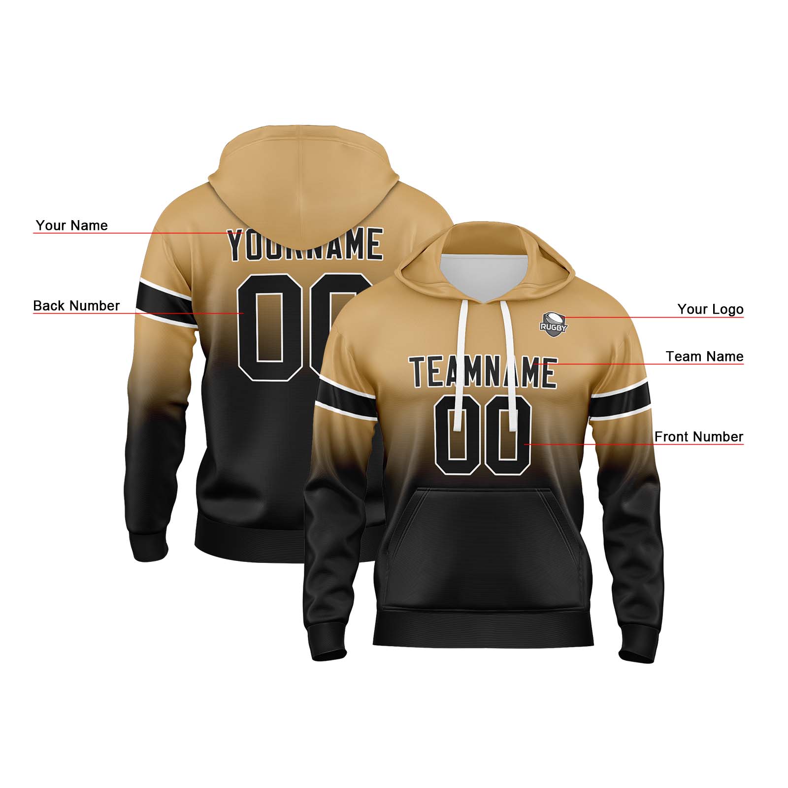 Custom Gold Black Gradient Hoodie for Women Men and Youths Personalized Pullover Football Sweatshirt
