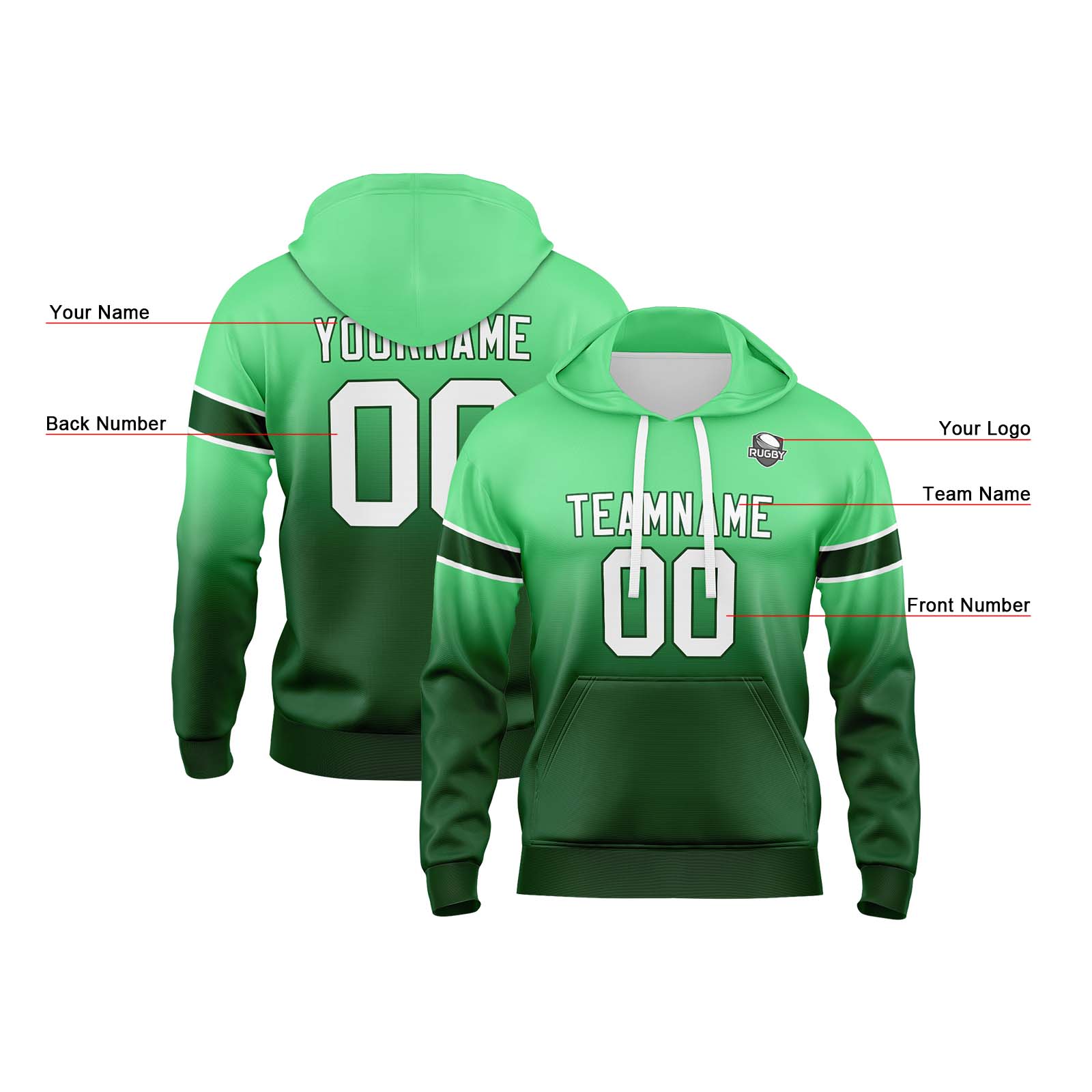 Custom Green Gradient Hoodie for Women Men and Youths Personalized Pullover Football Sweatshirt