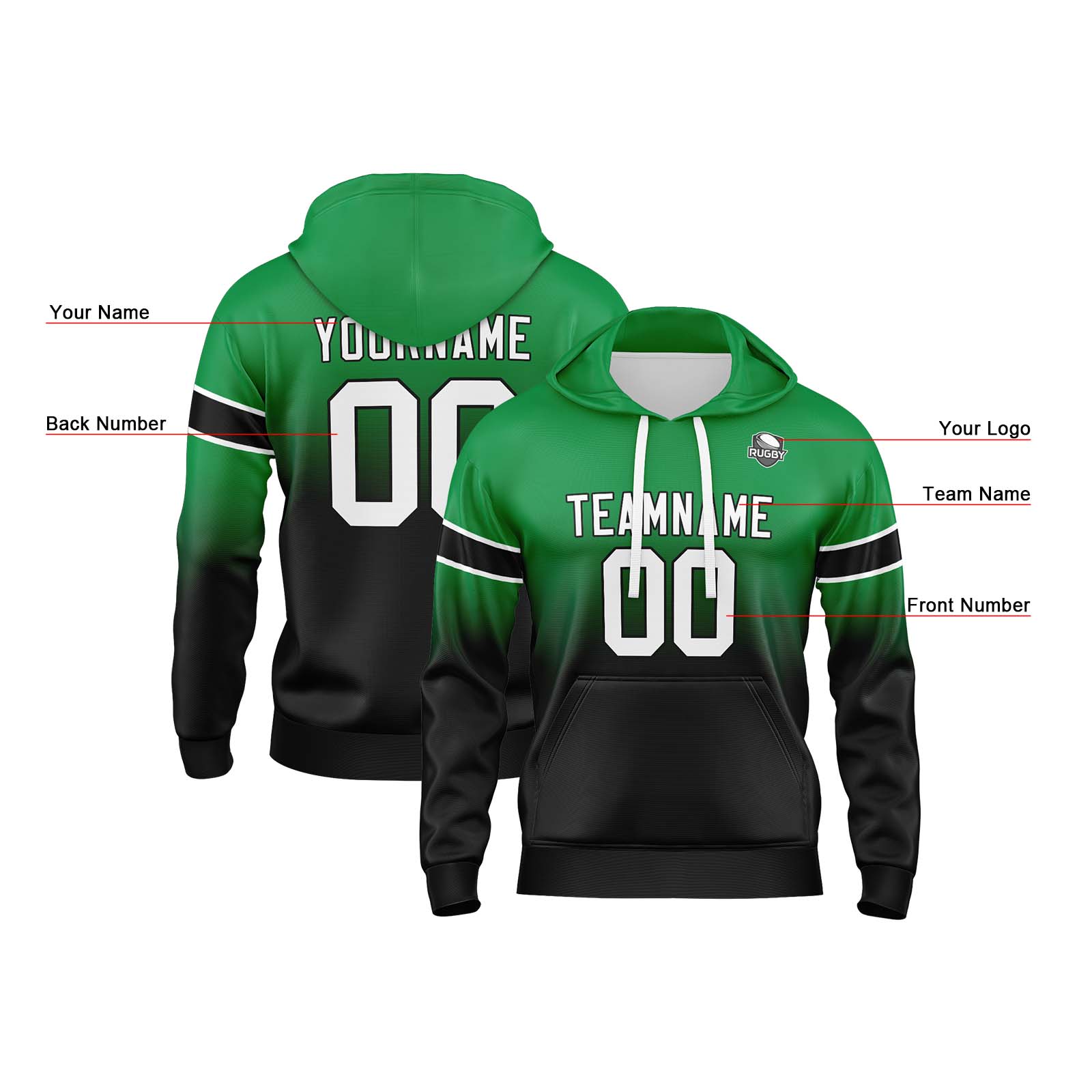 Custom Green Black Gradient Hoodie for Women Men and Youths Personalized Pullover Football Sweatshirt