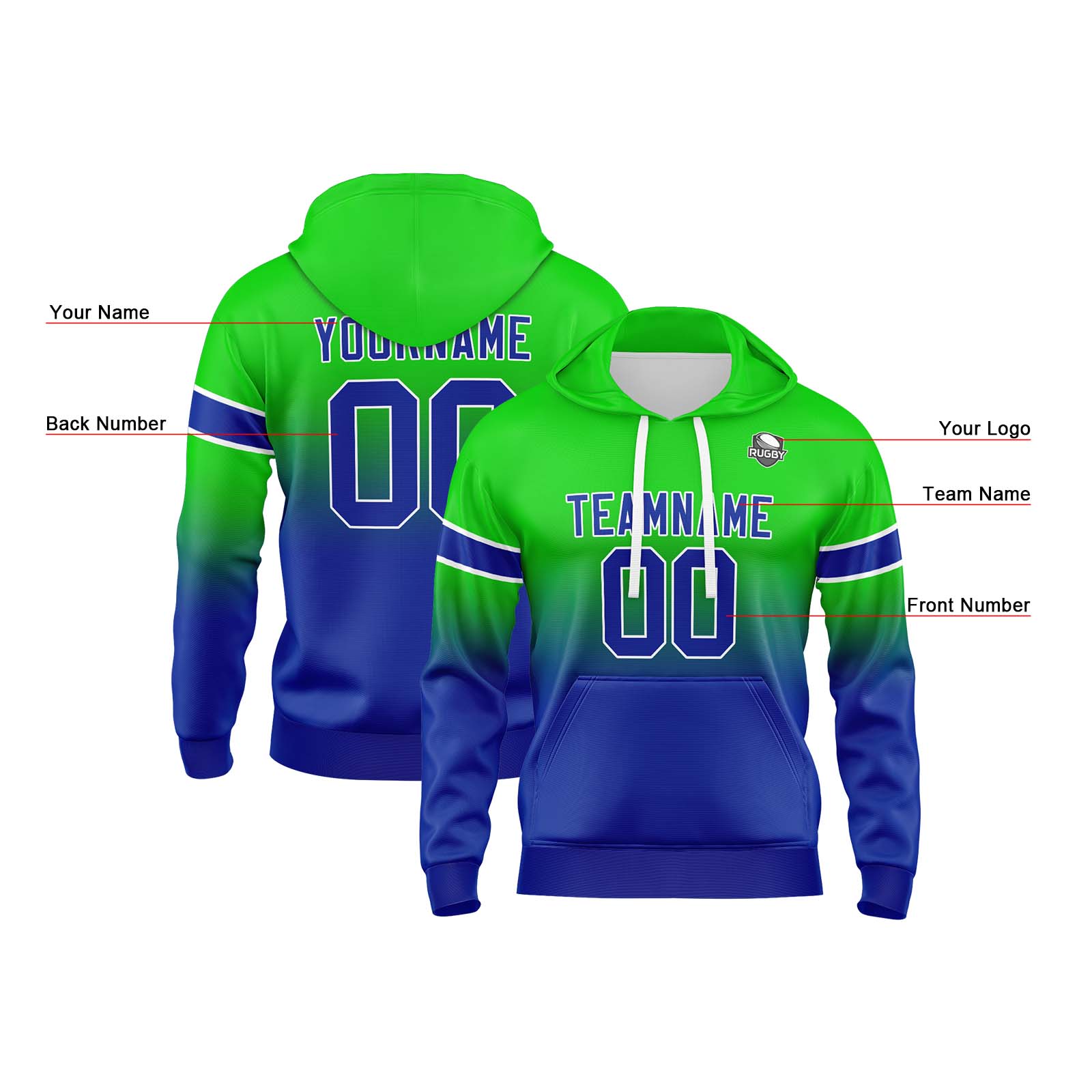 Custom Green Blue Gradient Hoodie for Women Men and Youths Personalized Pullover Football Sweatshirt