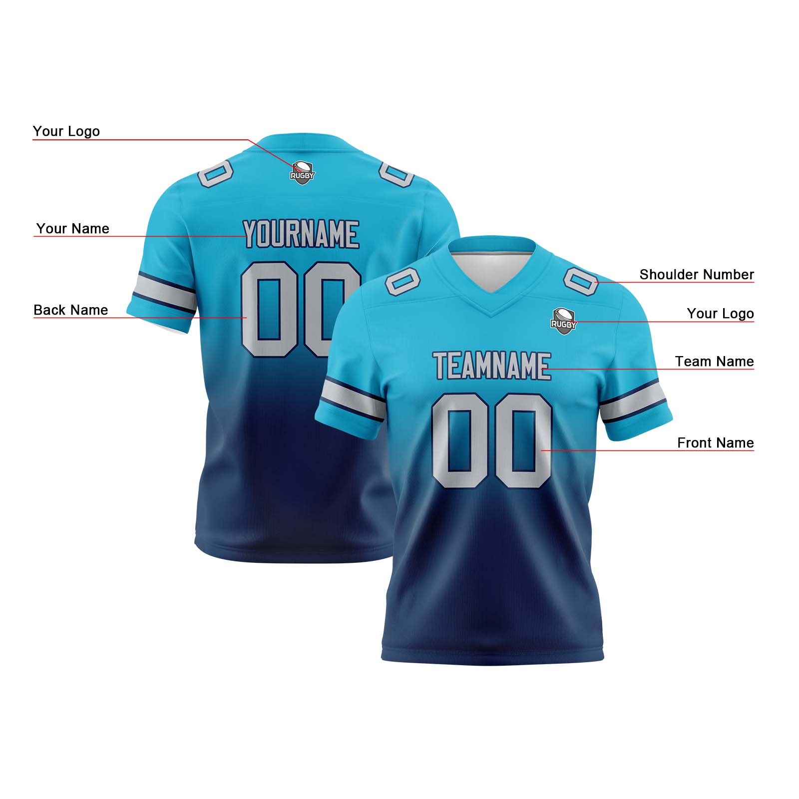 Custom Aqua&Dark Blue Gradient Football Jerseys Personalized Name Number Logo