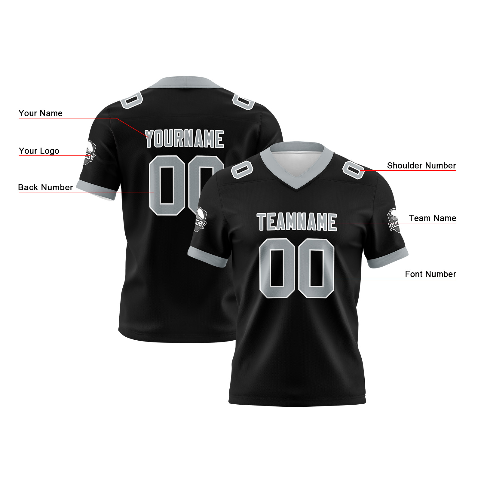 Custom Black Grey Football Jersey Personalized Football Shirts for Men Printed Team Name Number Logo