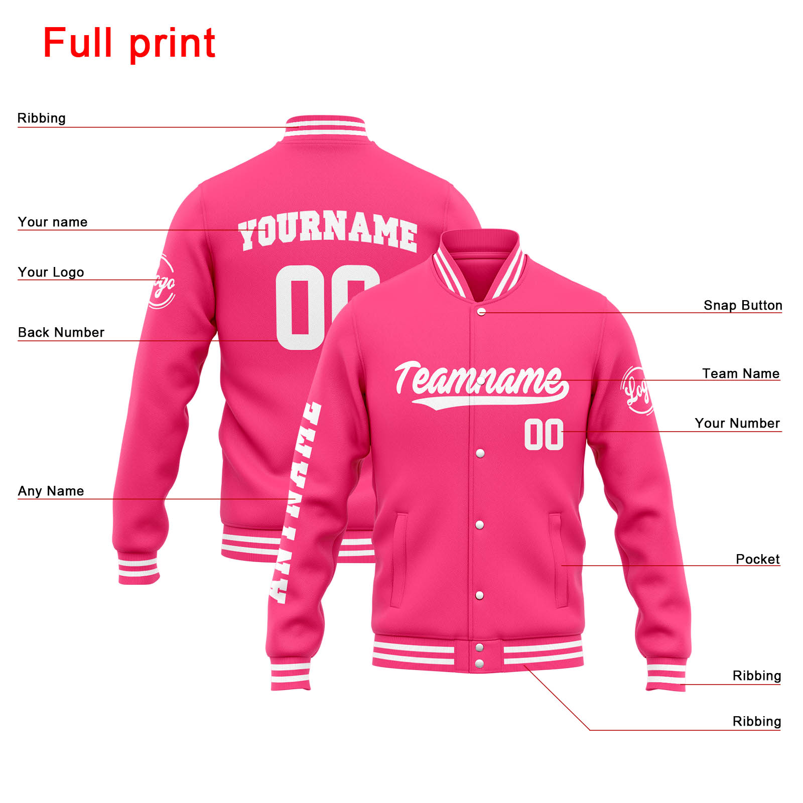 Custom Pink White Varsity Jacket for Men Women and Youth with Personalized Letterman Jacket 