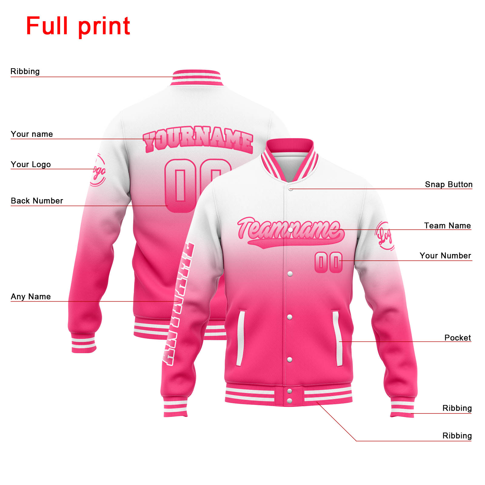 Custom White Pink Gradient Varsity Jacket for Men Women and Youth with Personalized Letterman Jacket 