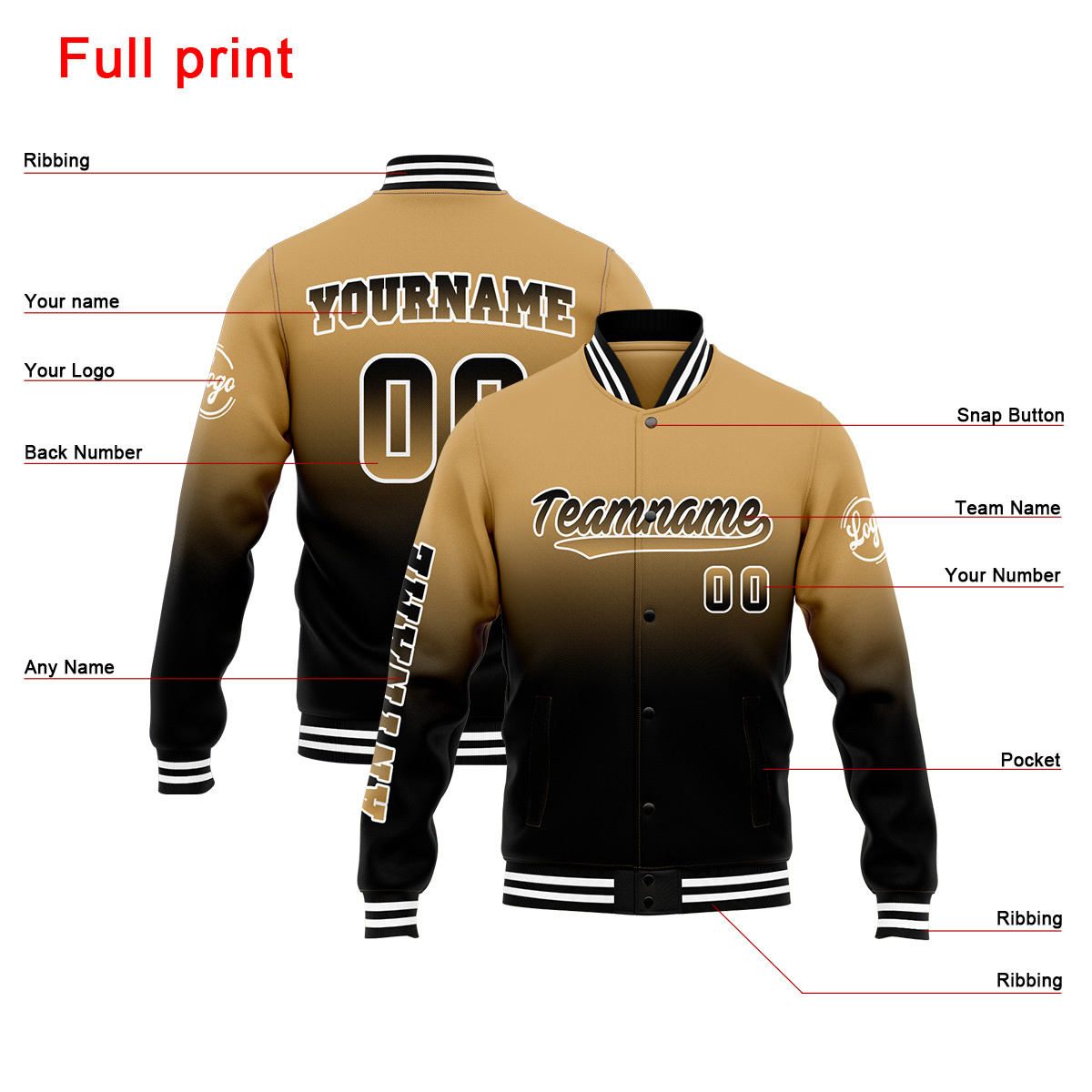 Custom Gold&Black Varsity Jacket for Men Women and Youth with Personalized Letterman Jacket 