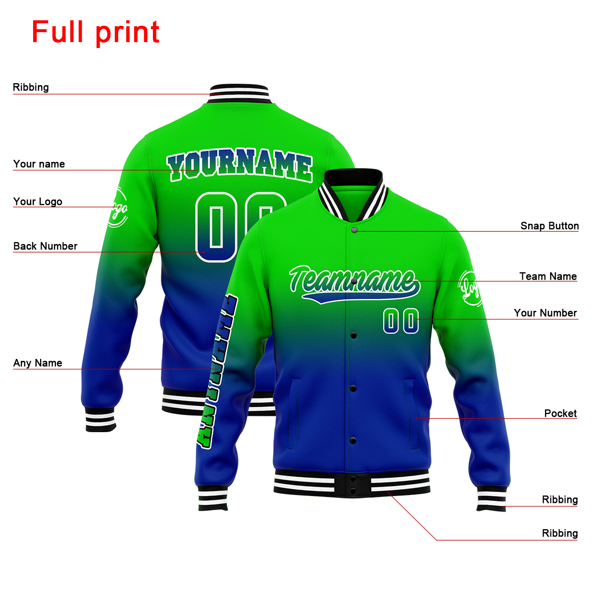 Custom Green&Blue Varsity Jacket for Men Women and Youth with Personalized Letterman Jacket 