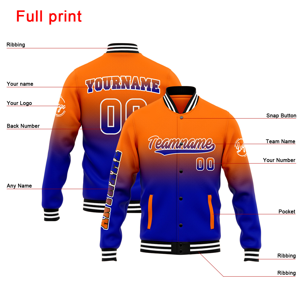 Custom Orange&Royal Varsity Jacket for Men Women and Youth with Personalized Letterman Jacket 