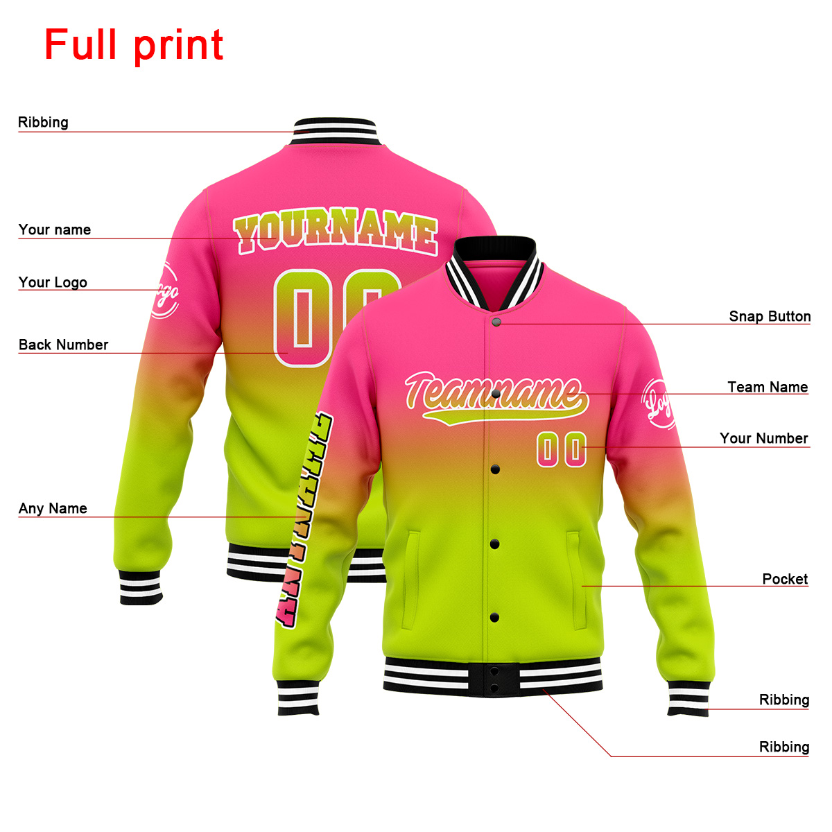 Custom Pink&Chartreuse Varsity Jacket for Men Women and Youth with Personalized Letterman Jacket 