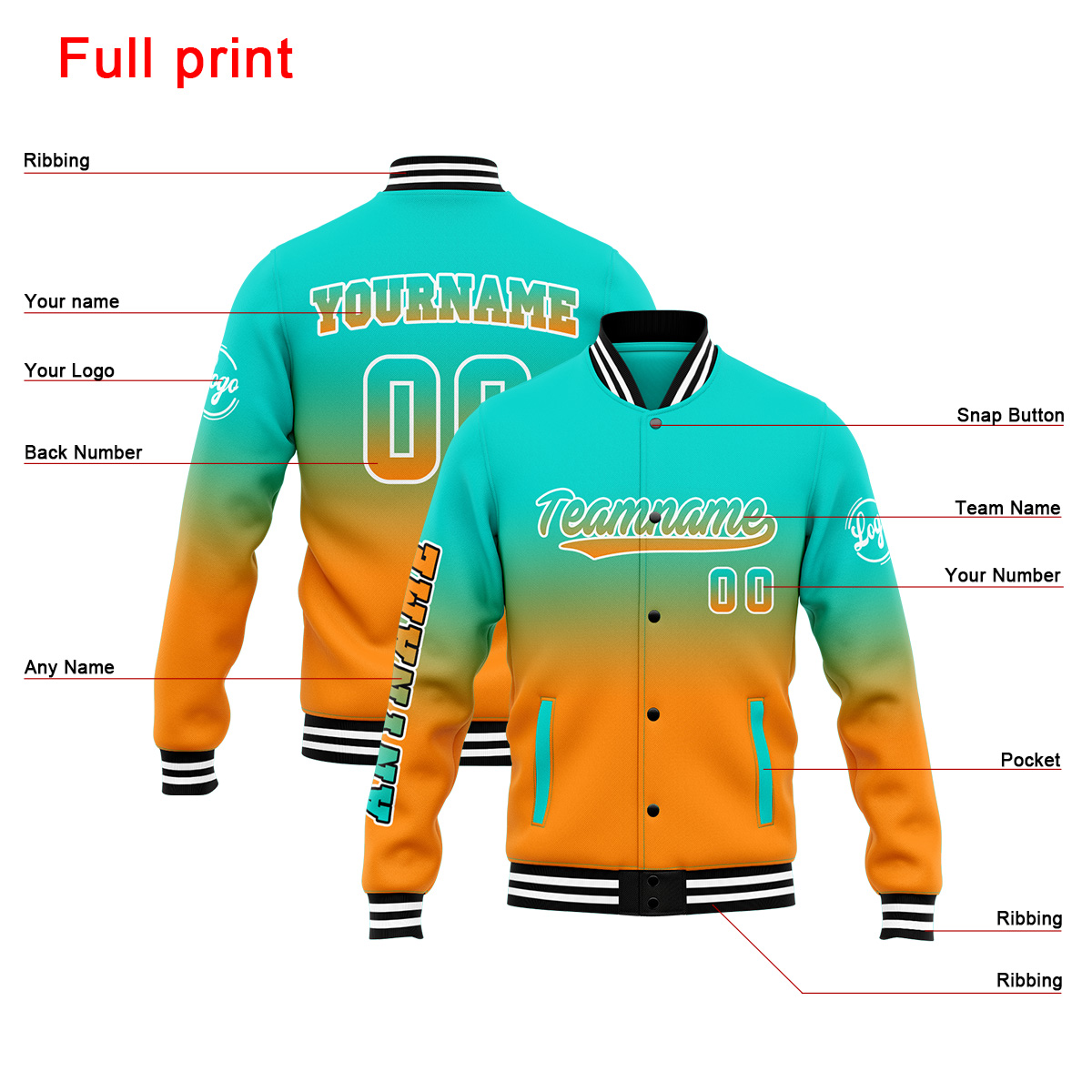 Custom Teal&Orange Varsity Jacket for Men Women and Youth with Personalized Letterman Jacket 