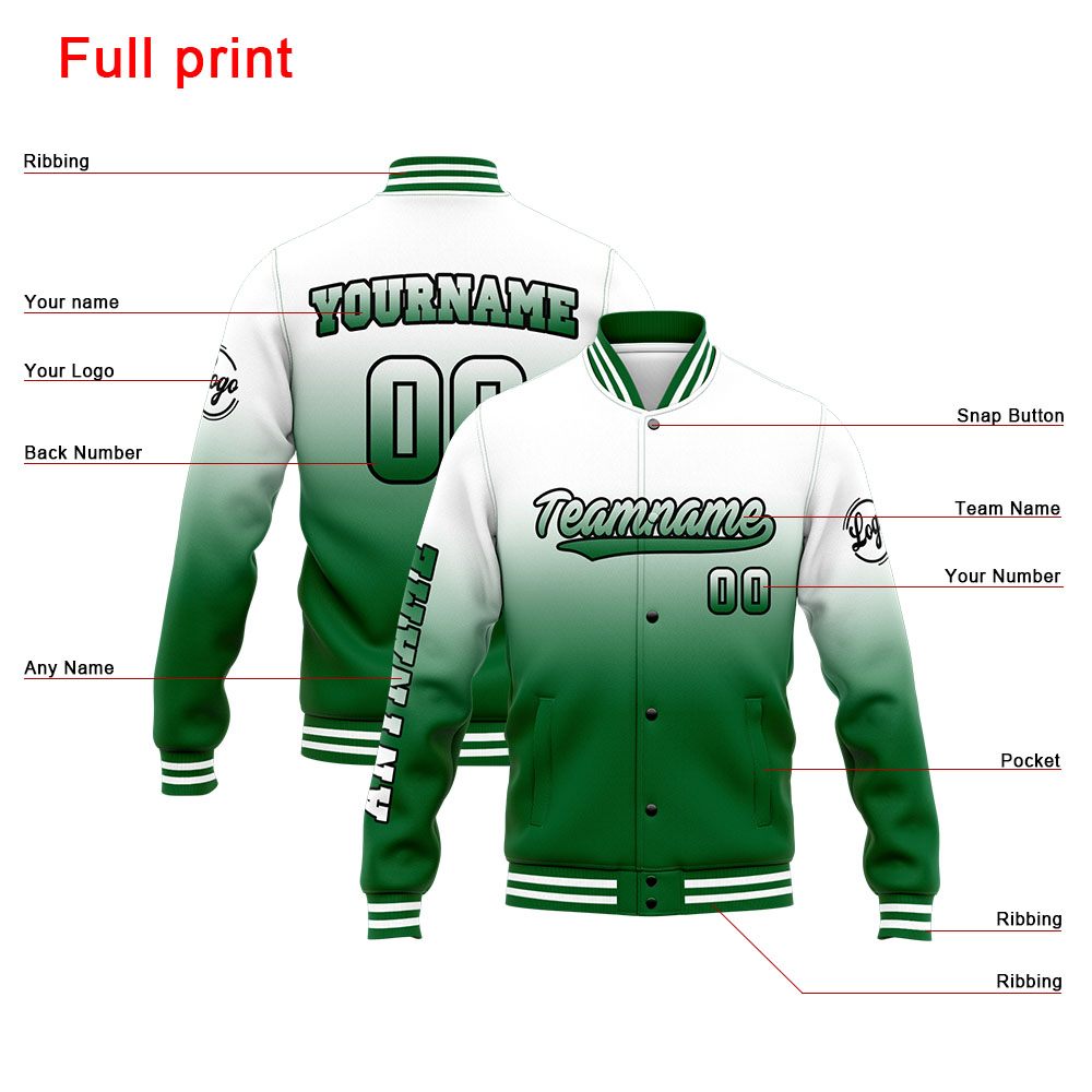 Custom Green White Varsity Jacket for Men Women and Youth with Personalized Letterman Jacket 