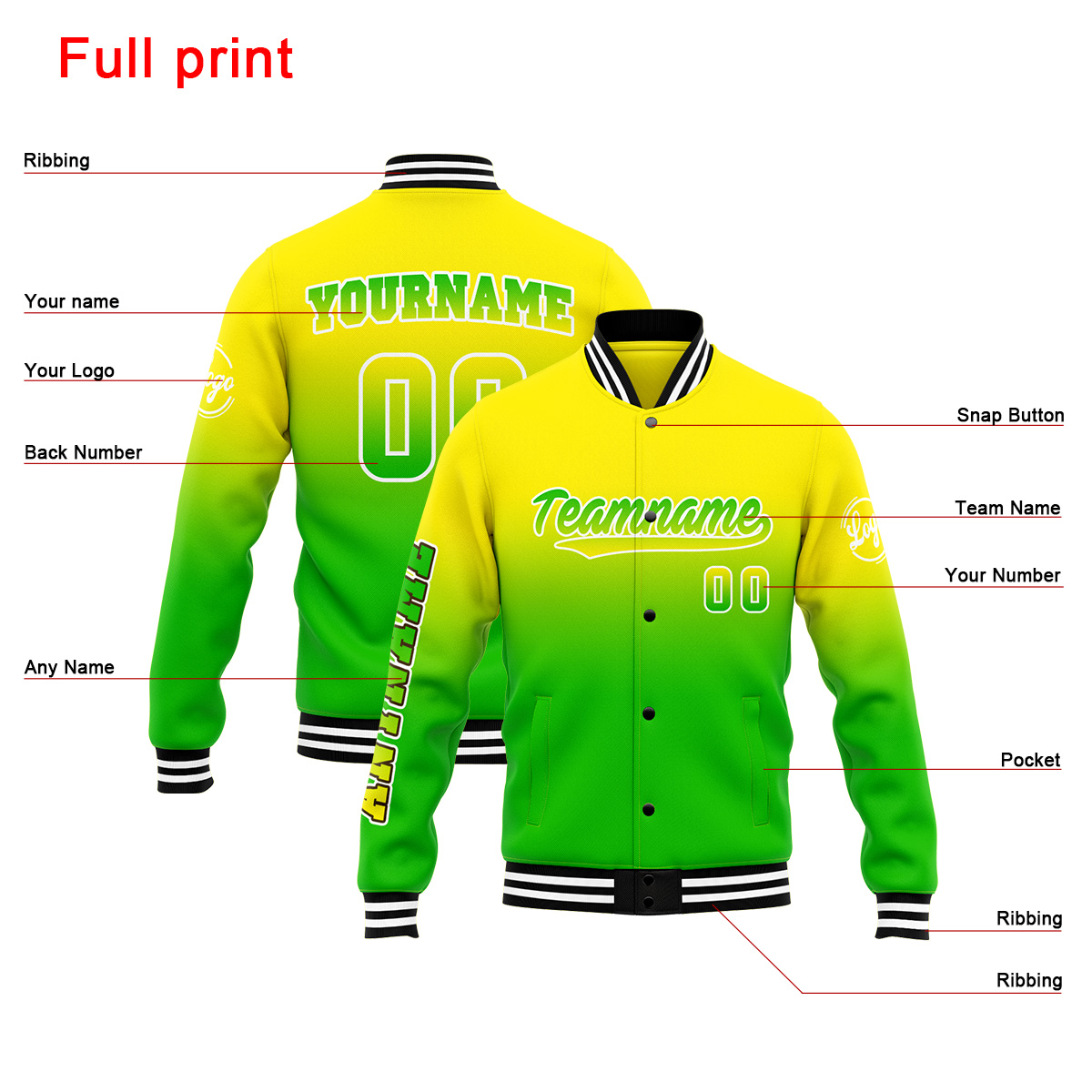 Custom Yellow&Green Varsity Jacket for Men Women and Youth with Personalized Letterman Jacket 