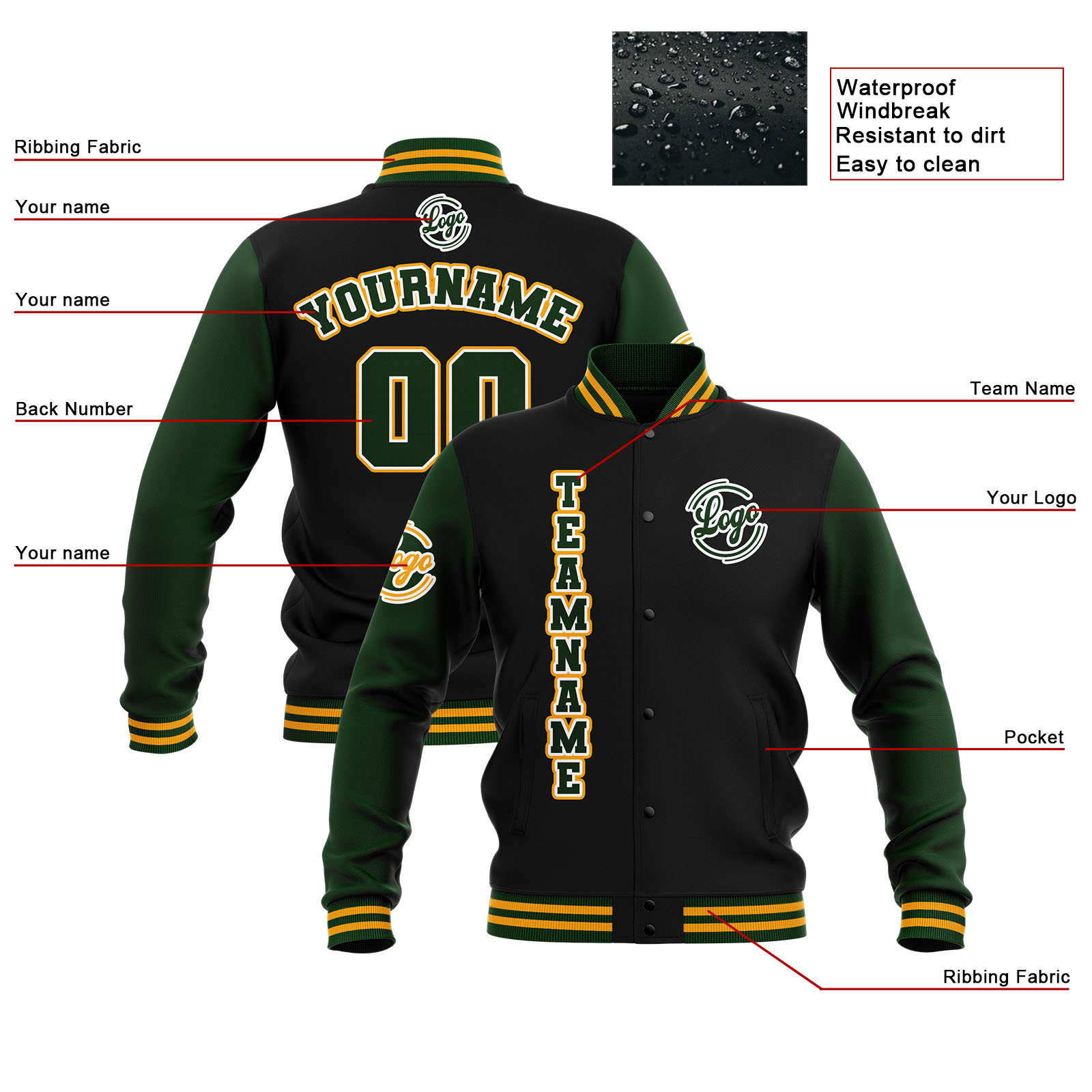 Custom Black Dark Green Yellow Waterproof Varsity Jackets Personalized Stitched Name Number Logo to Letterman Jackets