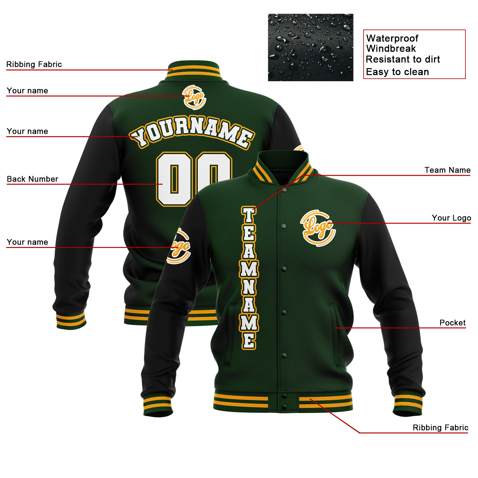 Custom Black Dark Green Yellow Waterproof Varsity Jackets Personalized Stitched Name Number Logo to Letterman Jackets