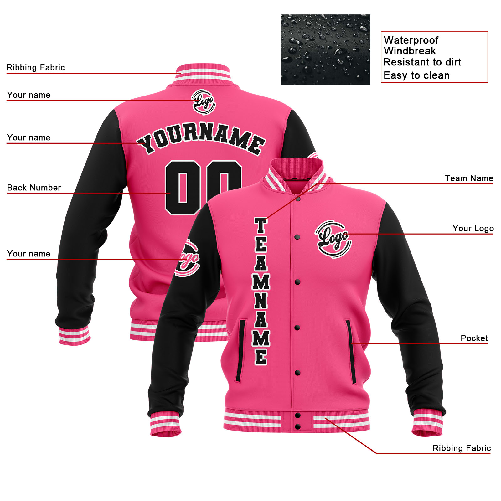Custom Black Pink White Waterproof Varsity Jackets Personalized Stitched Name Number Logo to Letterman Jackets