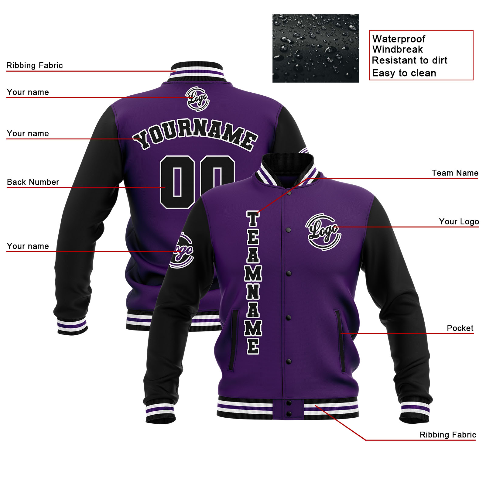 Custom Black Purple White Waterproof Varsity Jackets Personalized Stitched Name Number Logo to Letterman Jackets