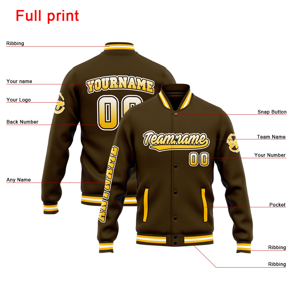 Custom Brown Yellow Varsity Jacket for Men Women and Youth with Personalized Letterman Jacket 