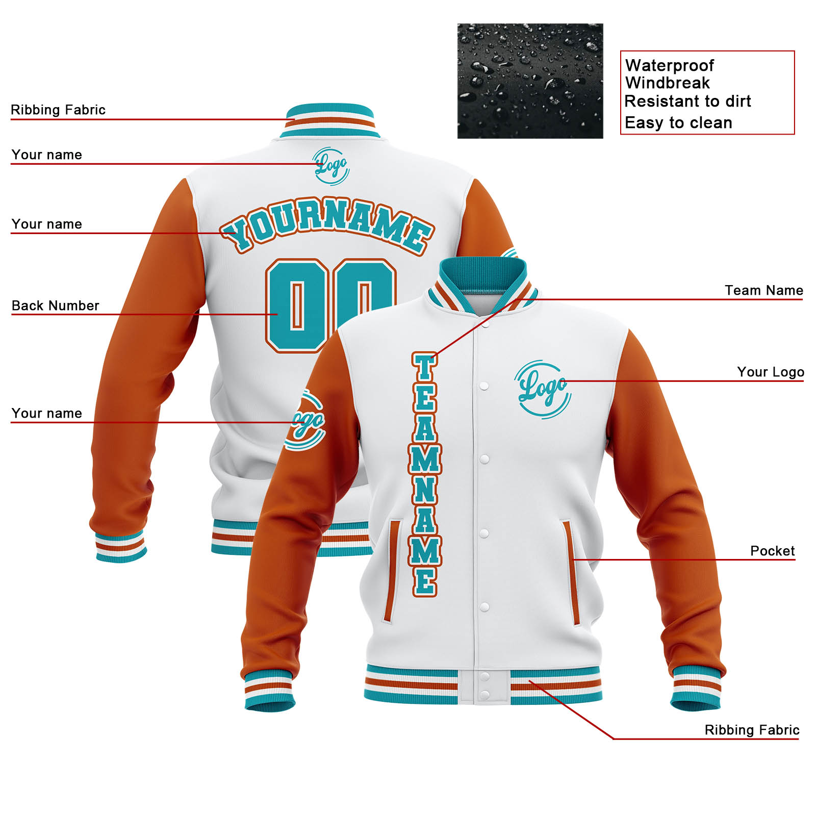 Custom White Orange Teal Waterproof Varsity Jackets Personalized Stitched Name Number Logo to Letterman Jackets