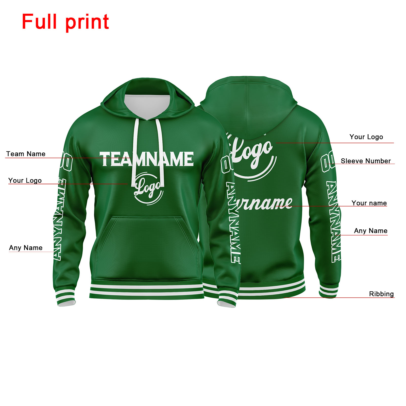 Custom Green Hoodie Personalized Mens Pullover Hoodie Printed Team Name Number Logo for Women