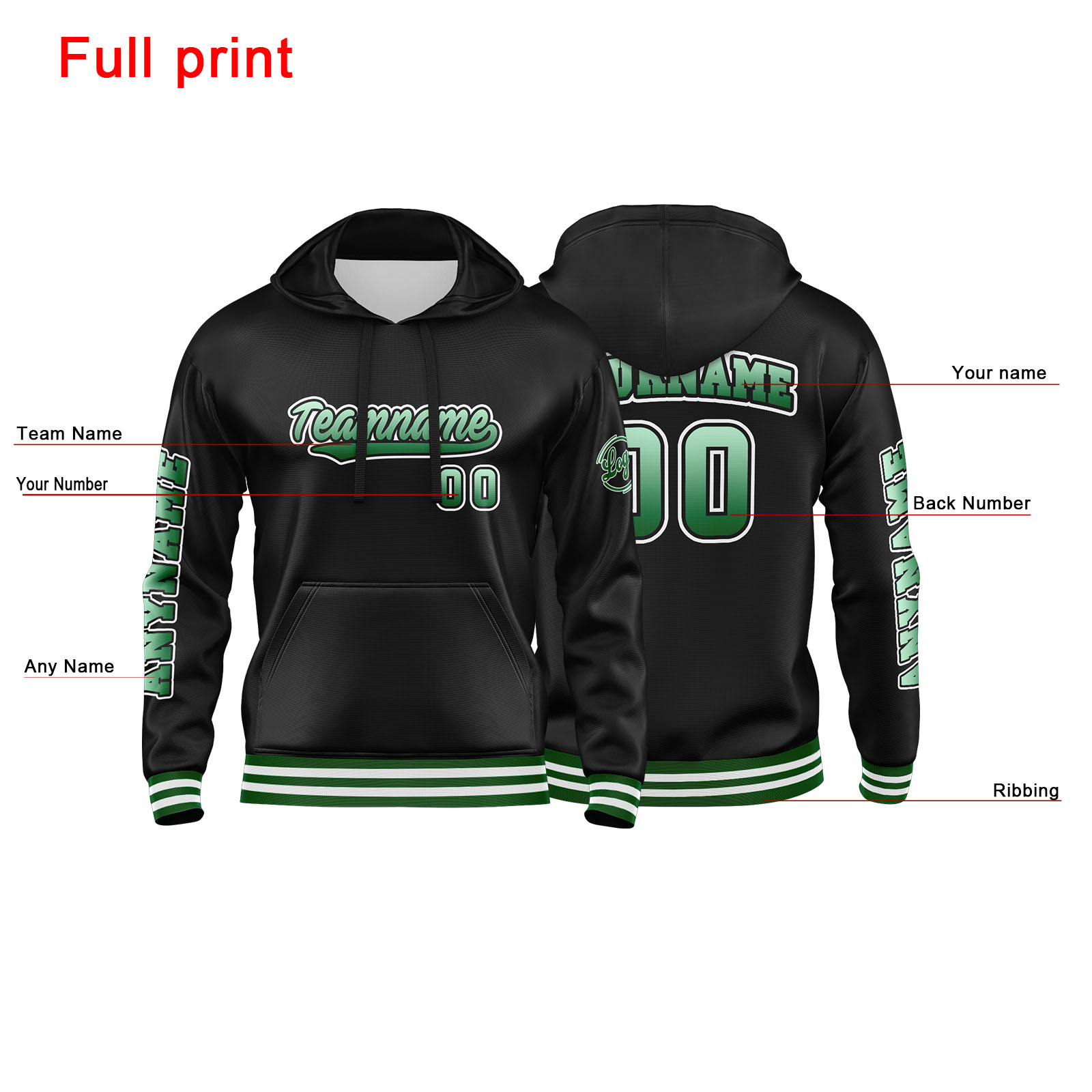 Custom Green Black Hoodie Personalized Mens Pullover Hoodie Printed Team Name Number Logo for Women
