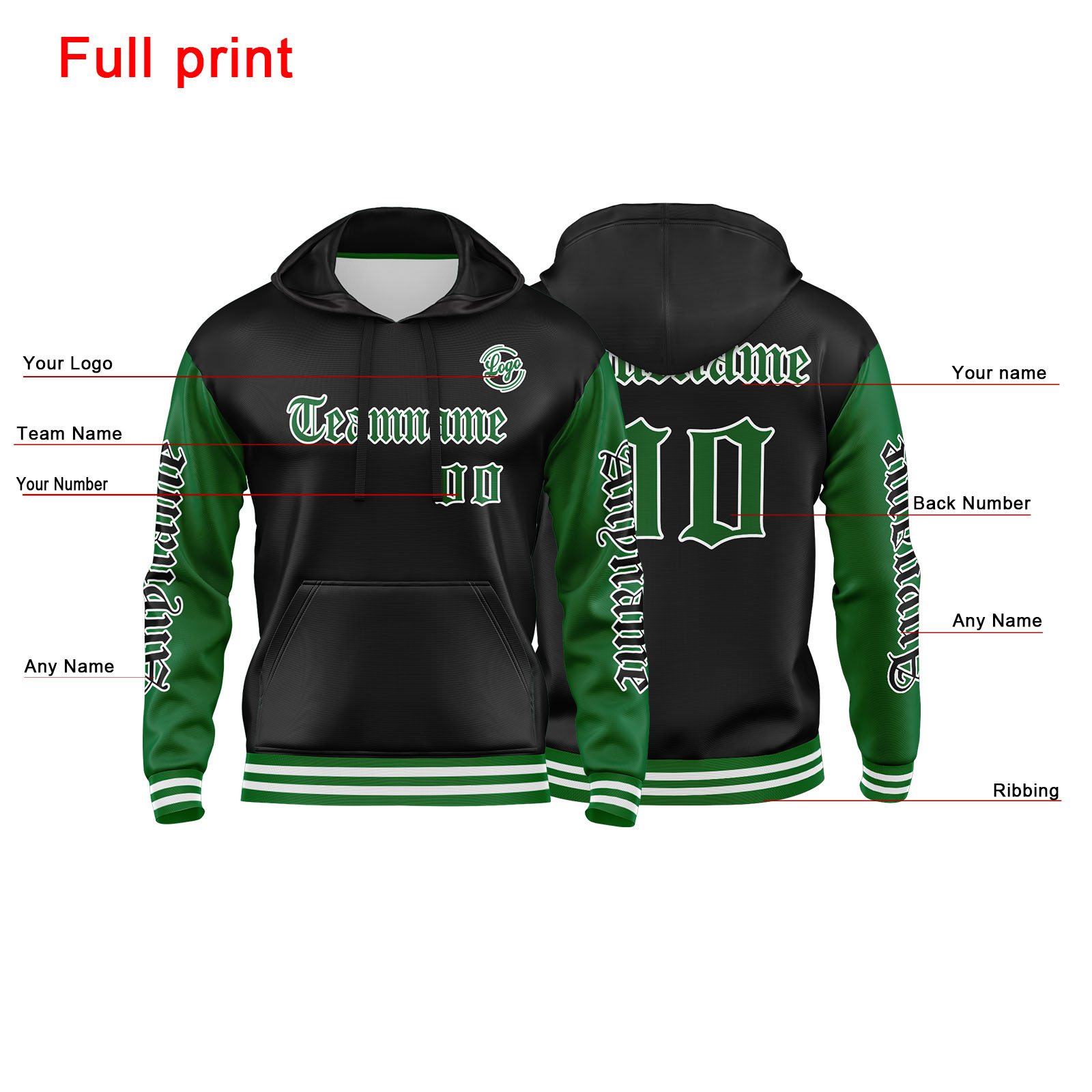 Custom Green Black Hoodie Personalized Mens Pullover Hoodie Printed Team Name Number Logo for Women