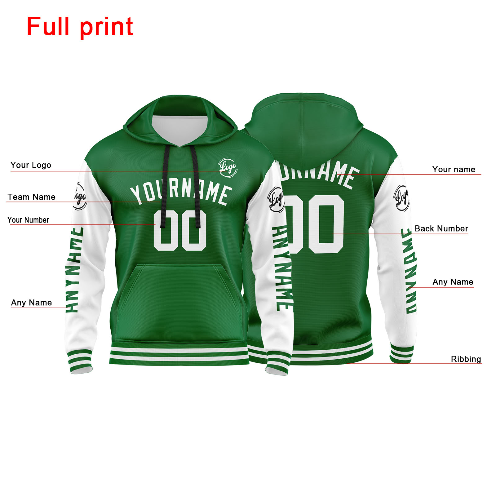 Custom Green White Hoodie Personalized Mens Pullover Hoodie Printed Team Name Number Logo for Women