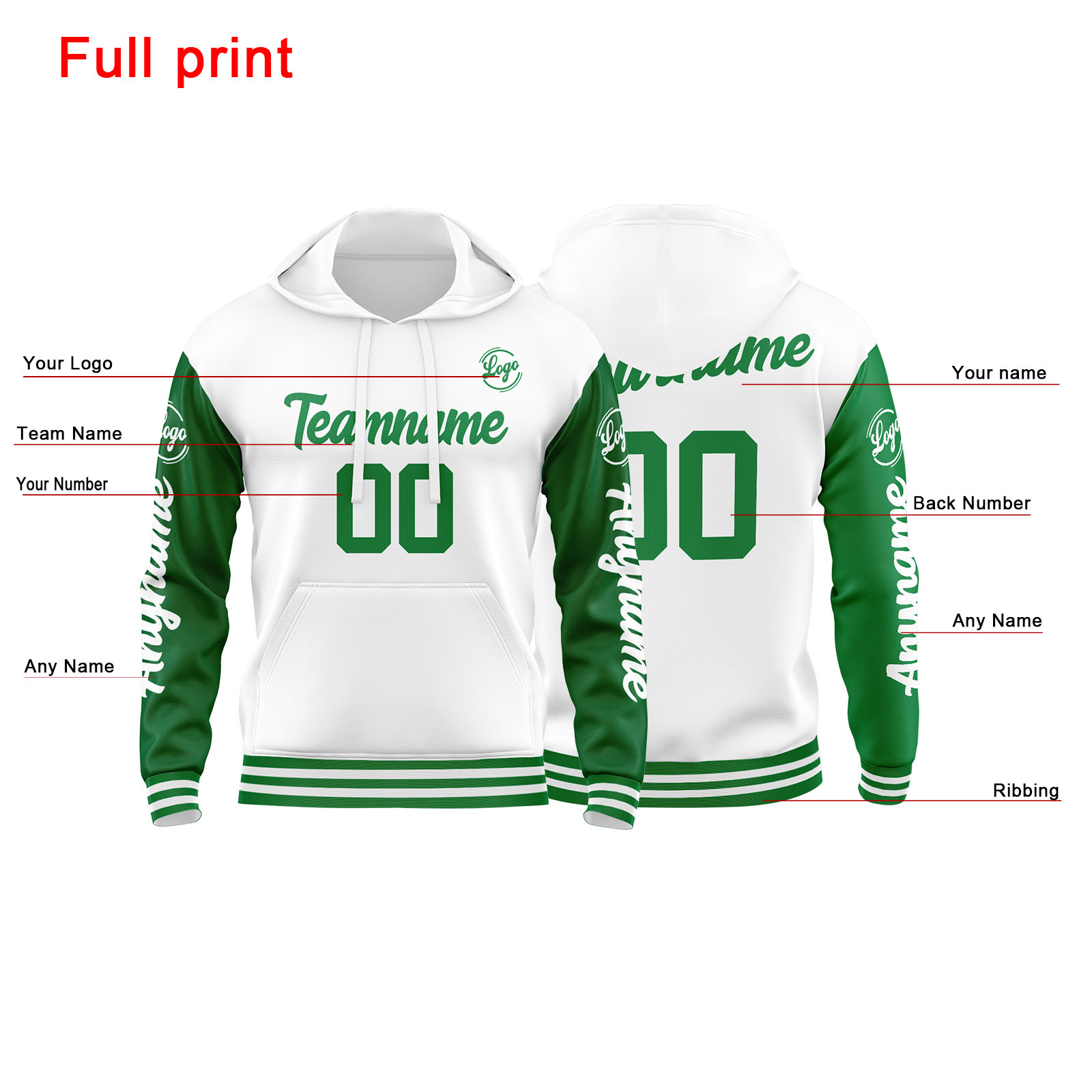 Custom Green White Hoodie Personalized Mens Pullover Hoodie Printed Team Name Number Logo for Women
