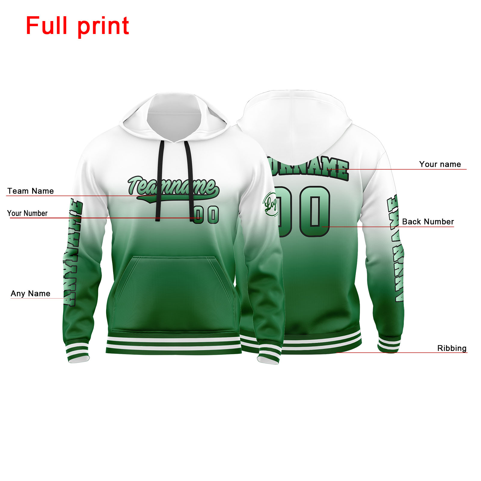 Custom Green White Hoodie Personalized Mens Pullover Hoodie Printed Team Name Number Logo for Women