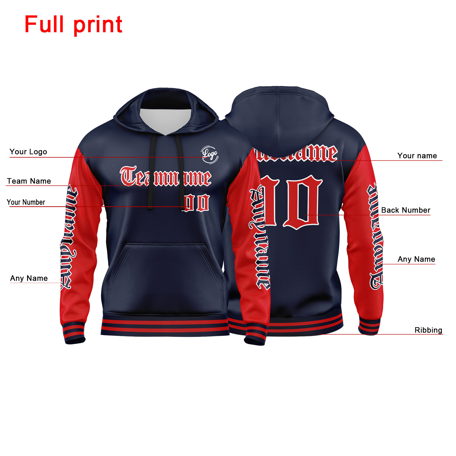 Custom Navy Red Hoodie Personalized Mens Pullover Hoodie Printed Team Name Number Logo for Women