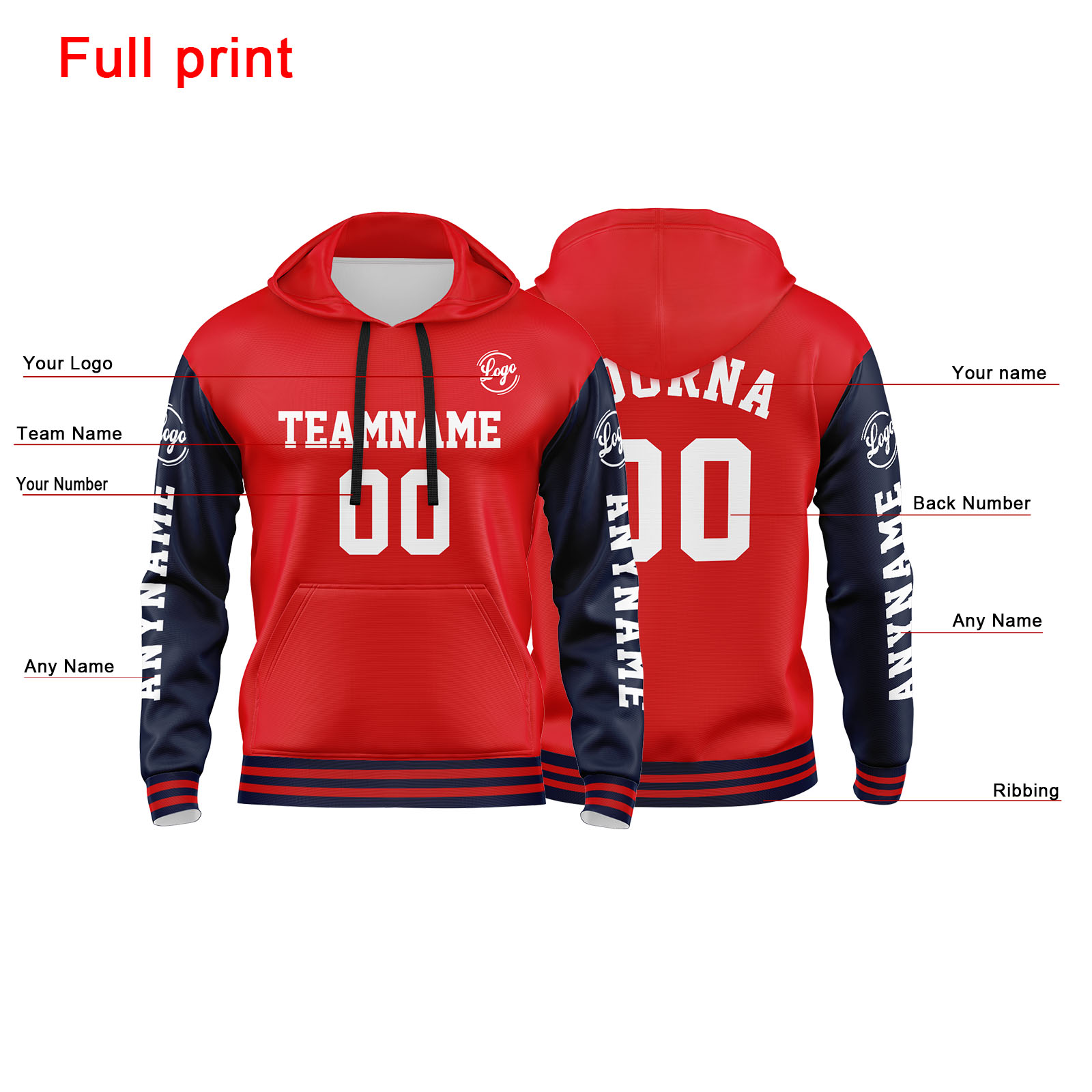 Custom Navy Red Hoodie Personalized Mens Pullover Hoodie Printed Team Name Number Logo for Women