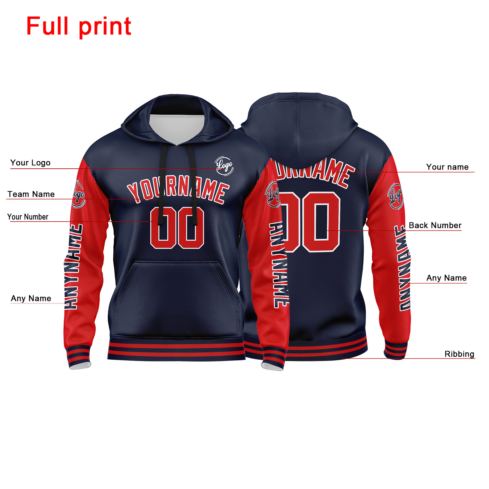 Custom Navy Red Hoodie Personalized Mens Pullover Hoodie Printed Team Name Number Logo for Women