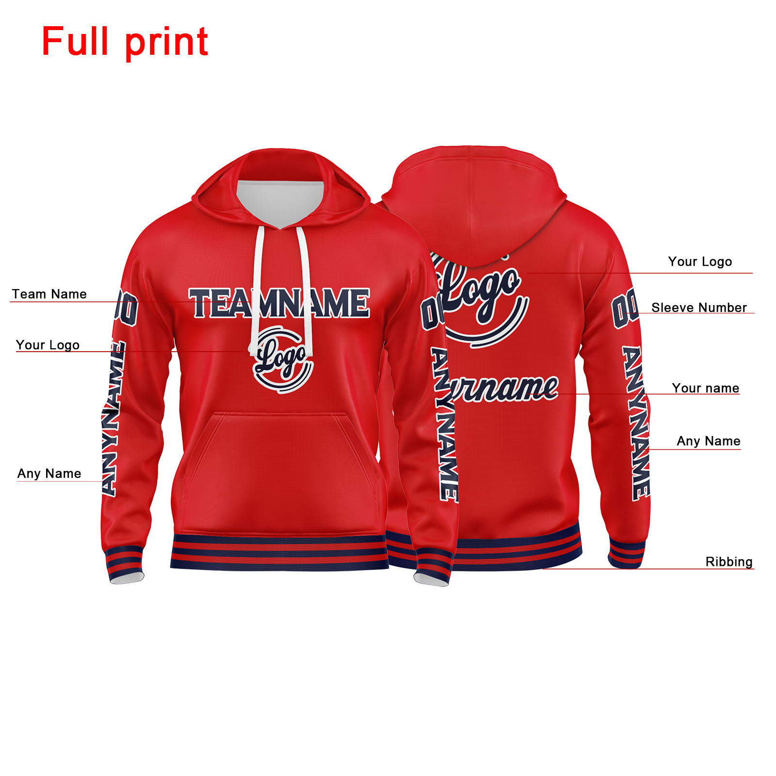 Custom Navy Red Hoodie Personalized Mens Pullover Hoodie Printed Team Name Number Logo for Women