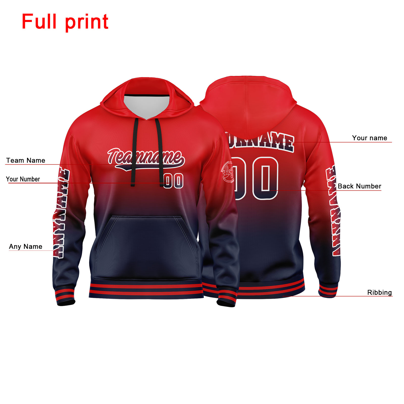 Custom Navy Red Hoodie Personalized Mens Pullover Hoodie Printed Team Name Number Logo for Women