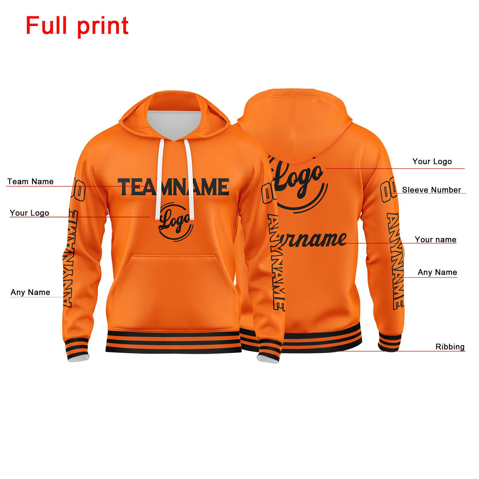 Custom Orange Hoodie Personalized Mens Pullover Hoodie Printed Team Name Number Logo for Women