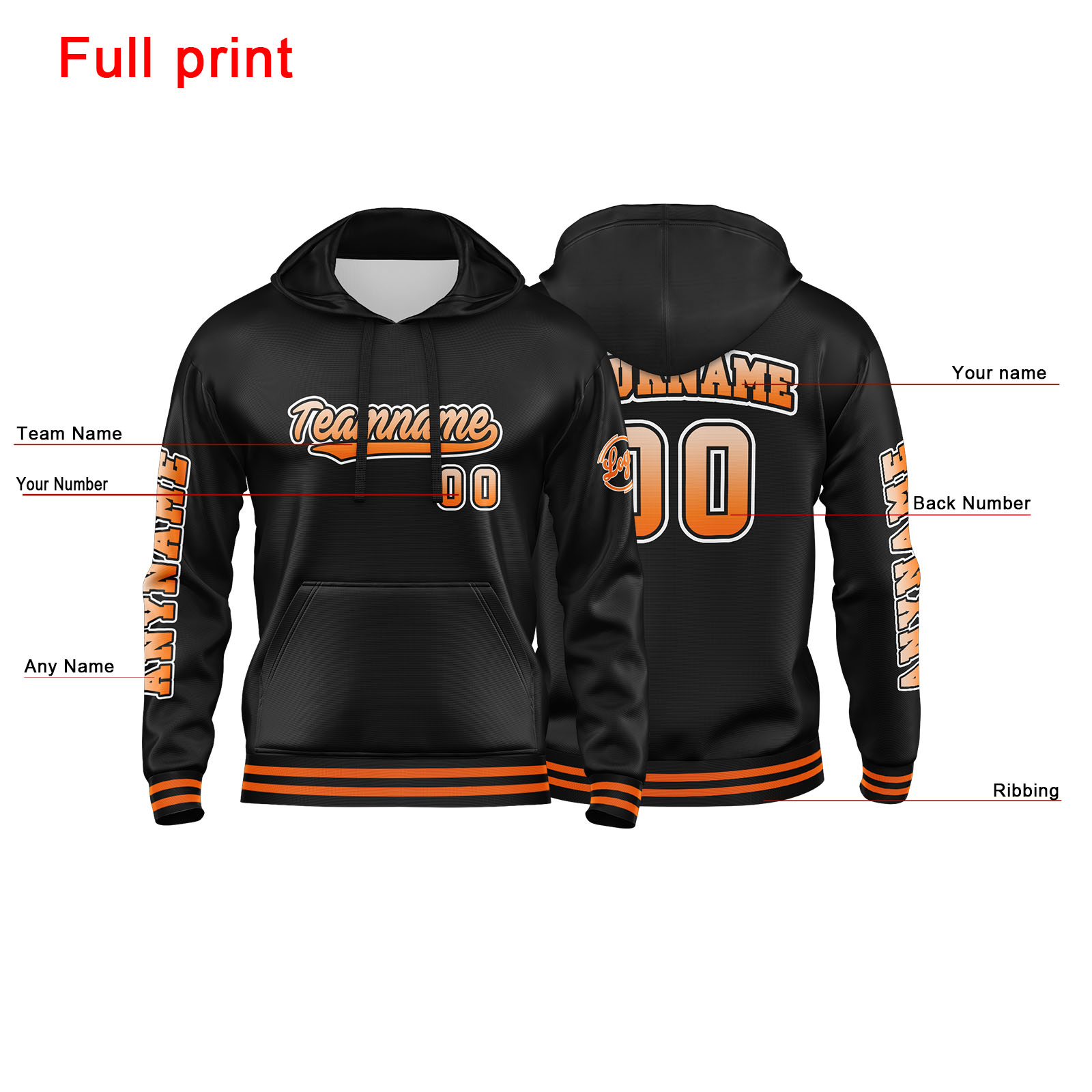 Custom Orange Black Hoodie Personalized Mens Pullover Hoodie Printed Team Name Number Logo for Women