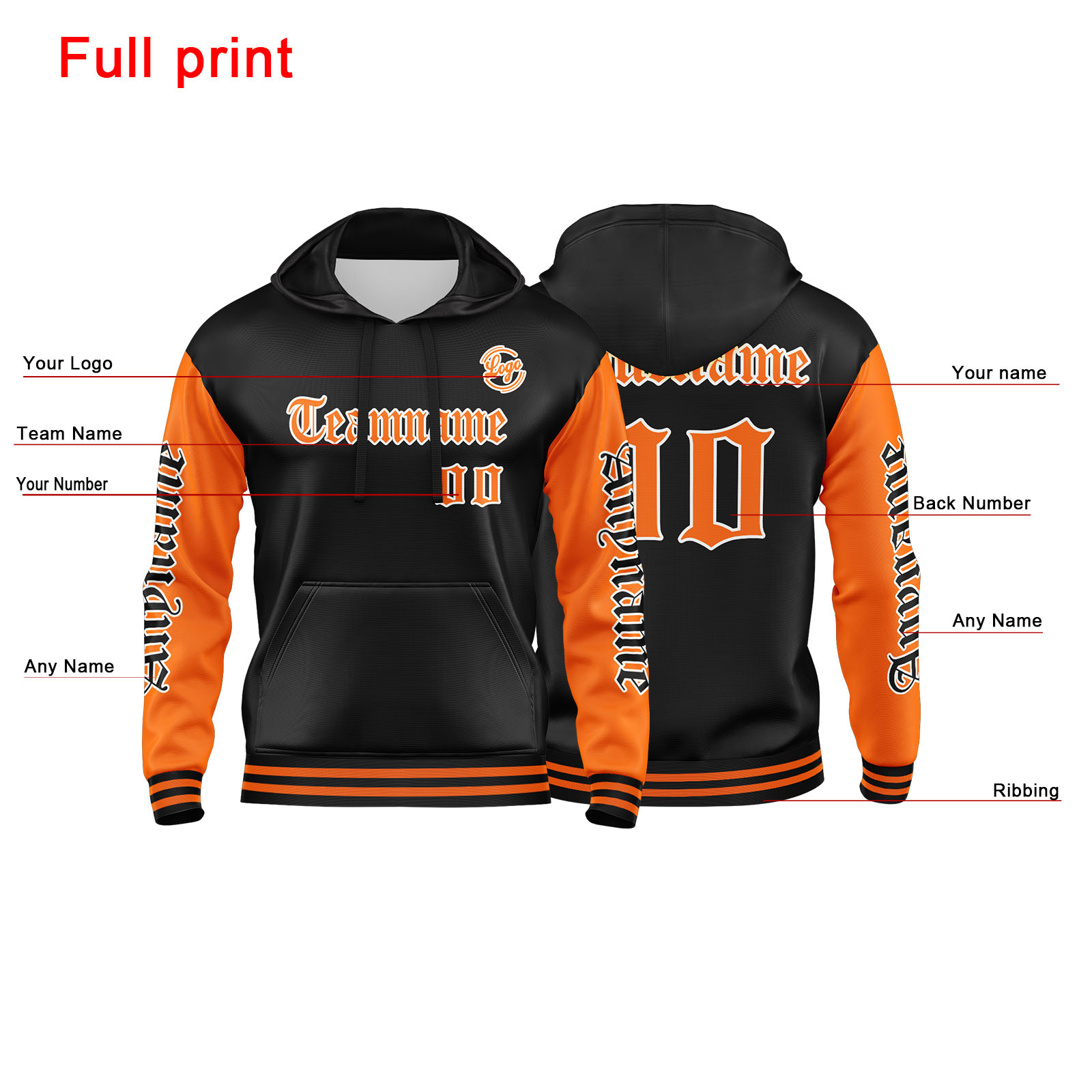 Custom Orange Black Hoodie Personalized Mens Pullover Hoodie Printed Team Name Number Logo for Women