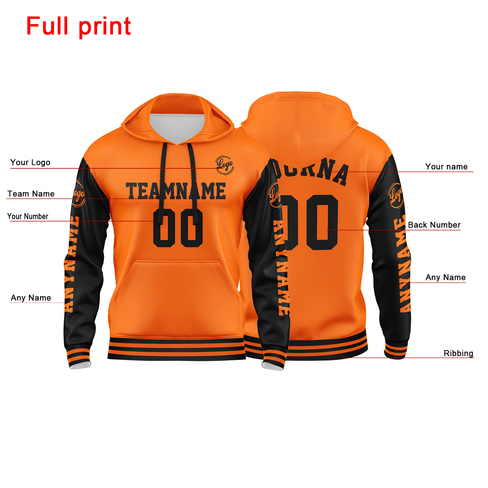 Custom Orange Black Hoodie Personalized Mens Pullover Hoodie Printed Team Name Number Logo for Women