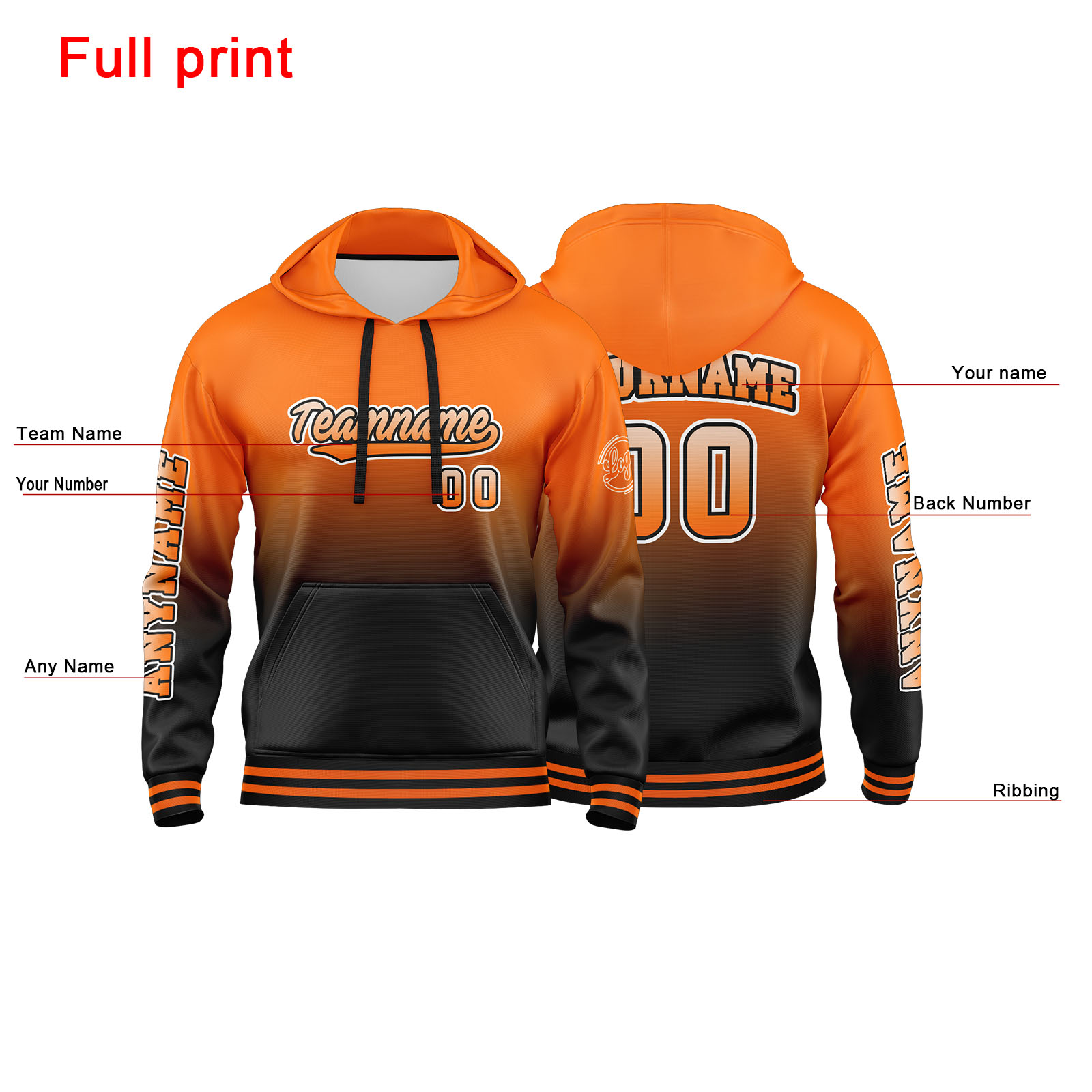 Custom Orange Black Hoodie Personalized Mens Pullover Hoodie Printed Team Name Number Logo for Women