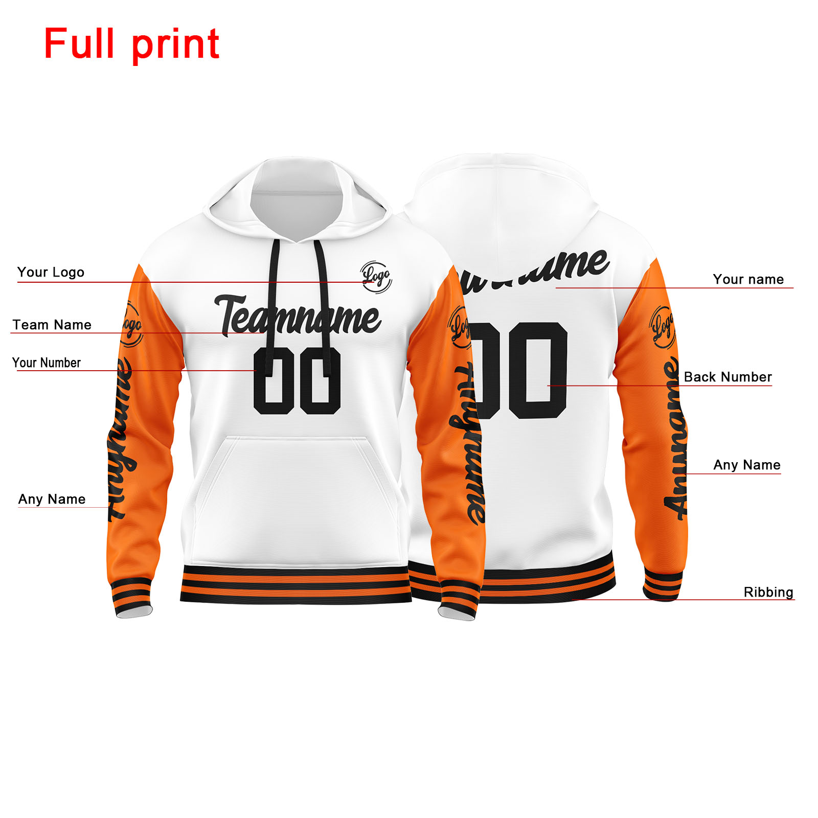 Custom Orange White Hoodie Personalized Mens Pullover Hoodie Printed Team Name Number Logo for Women